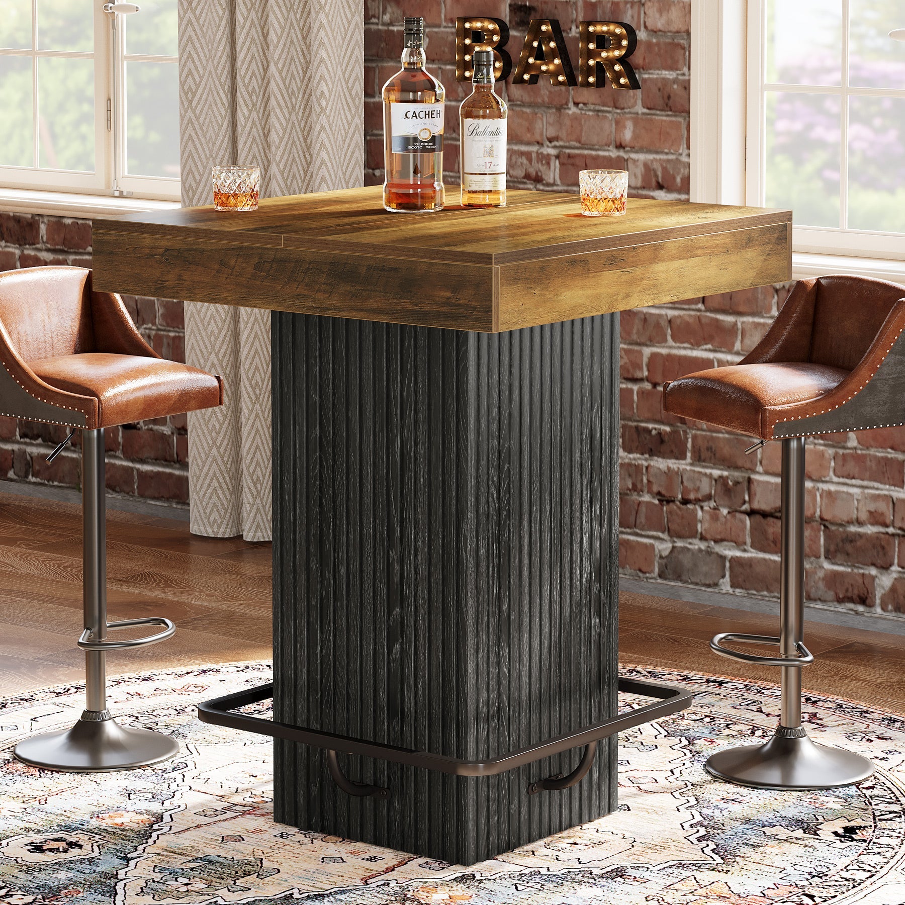 Mesa de bar cuadrada de 80 x 80 x 101 cm con reposapiés metálico, Mesa de pub industrial para cocina y comedor