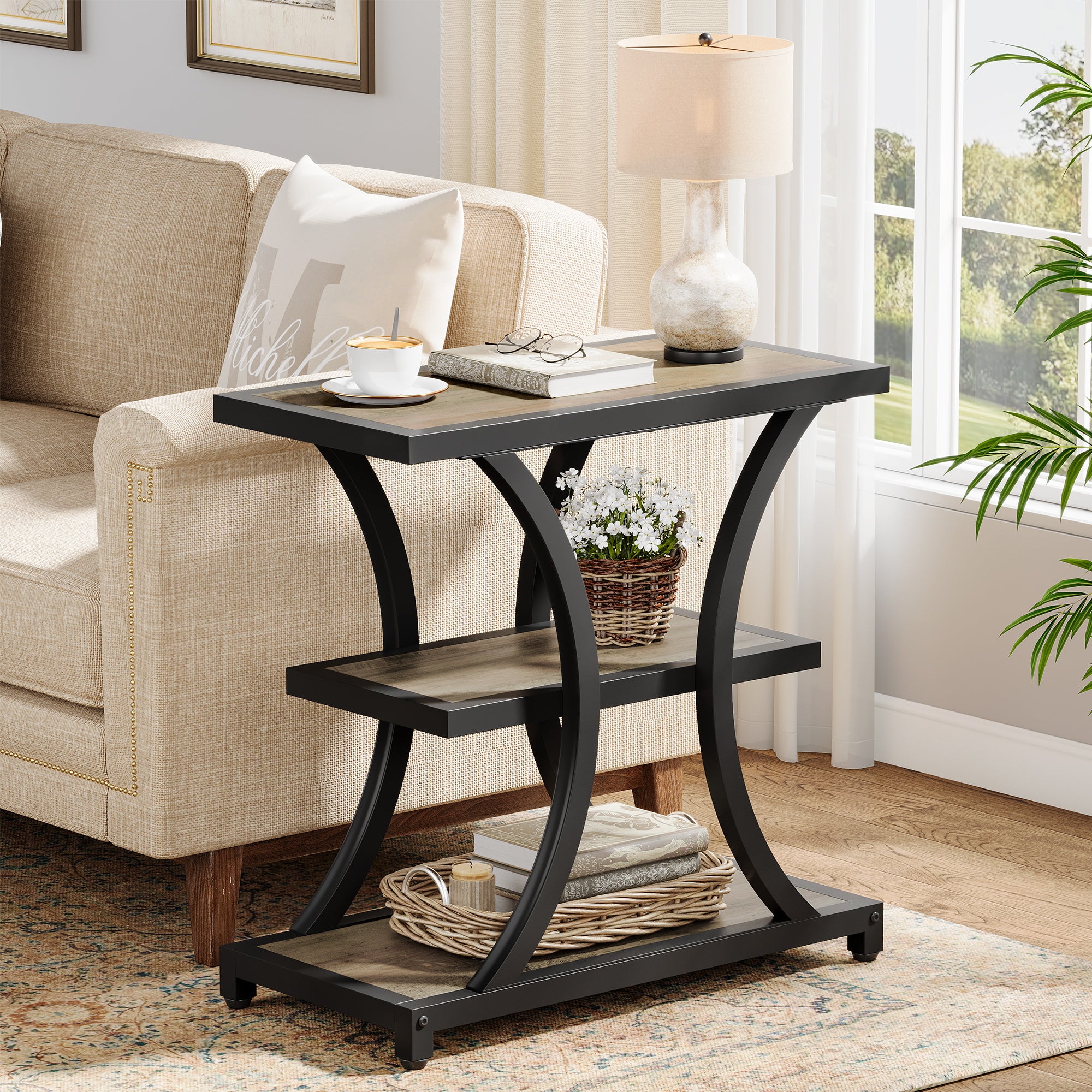 Tribesigns Mesa auxiliar con espacio de almacenamiento, Mesa auxiliar de 3 niveles con diseño geométrico de metal