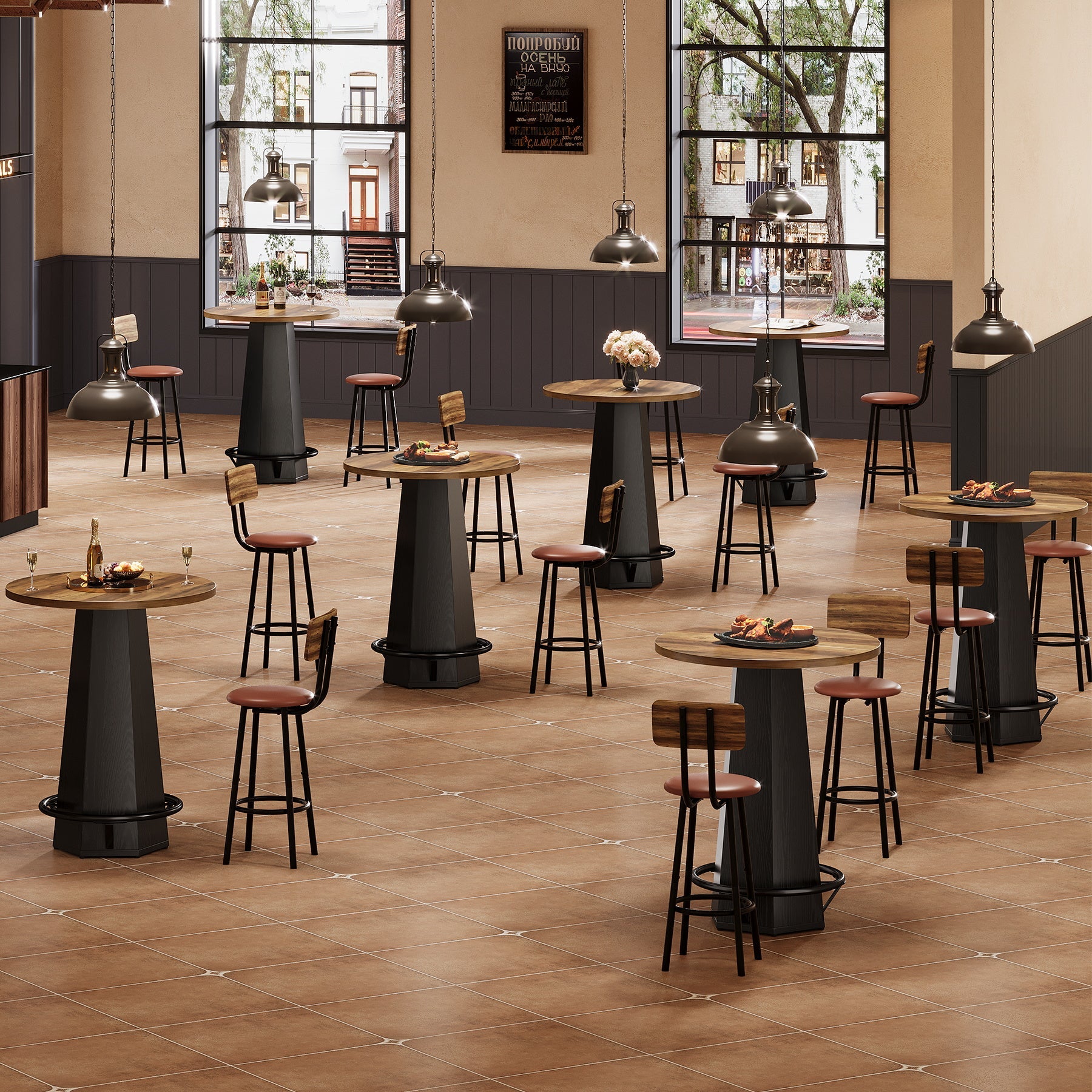 Tribesigns Mesa de bar redonda de 100 cm para 2 personas, Mesa de comedor industrial con reposapiés