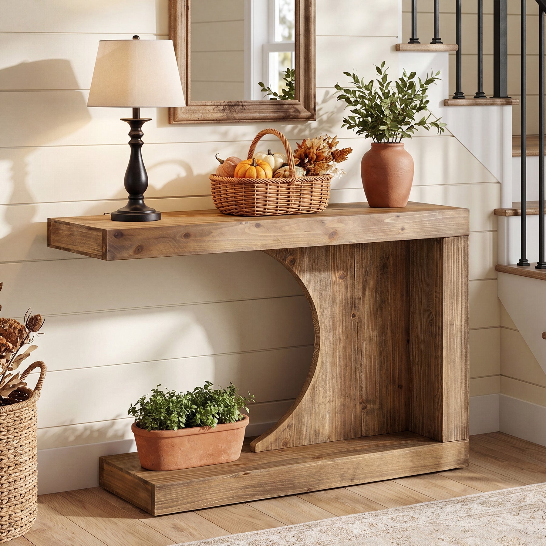 Tribesigns Mesa consola de madera maciza de 100 cm, Mesa de recibidor moderna con diseño en forma de C
