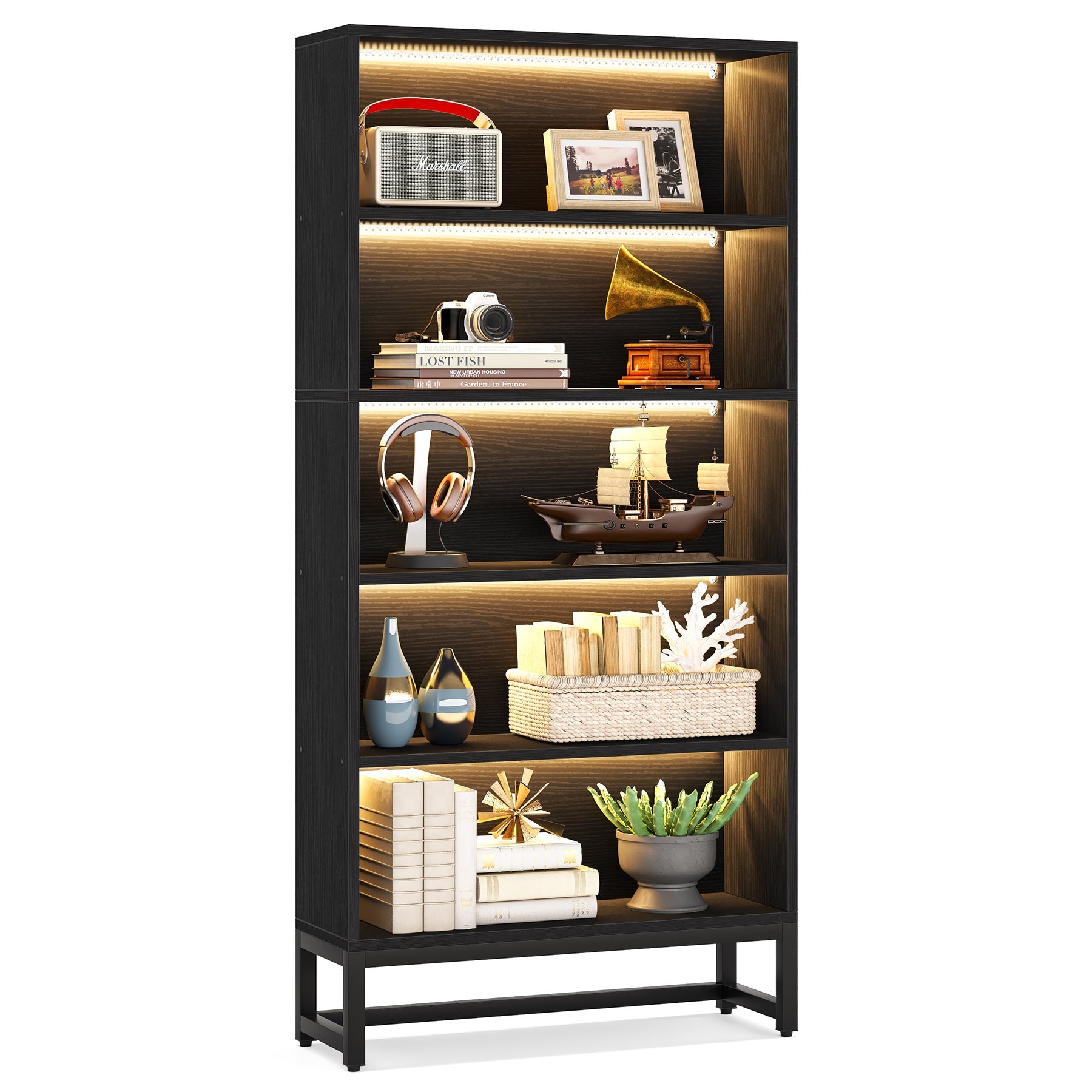 Tribesigns Librería de 180 cm de altura con iluminación LED, color negro, con 5 niveles de almacenamiento.