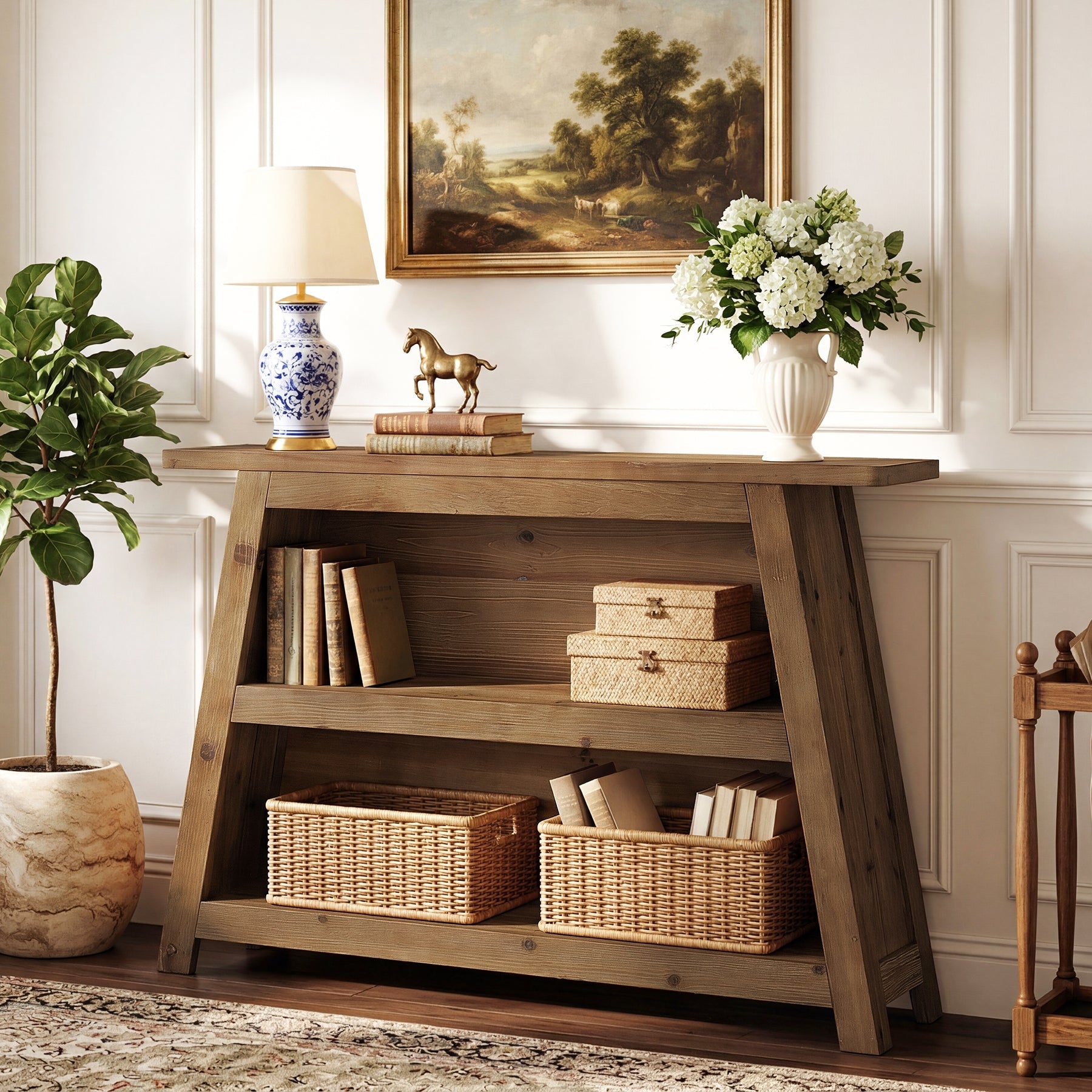 Tribesigns Mesa consola de madera maciza de 120 cm, Mesa de recibidor de 3 niveles de estilo rústico con estantes