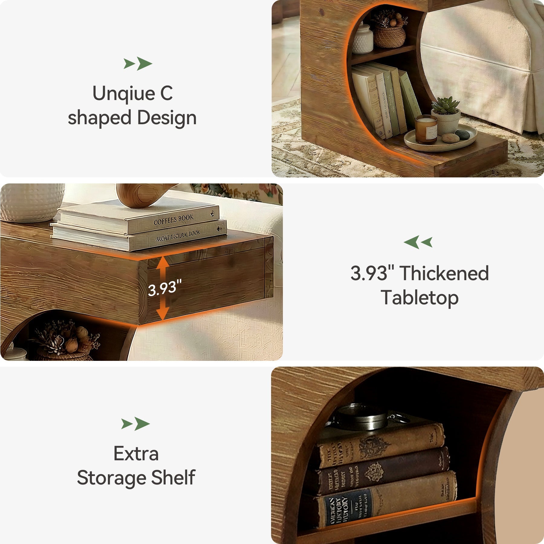 Tribesigns Mesita auxiliar en forma de C de madera maciza, Mesita de noche moderna con 2 estantes para sala de estar y dormitorio