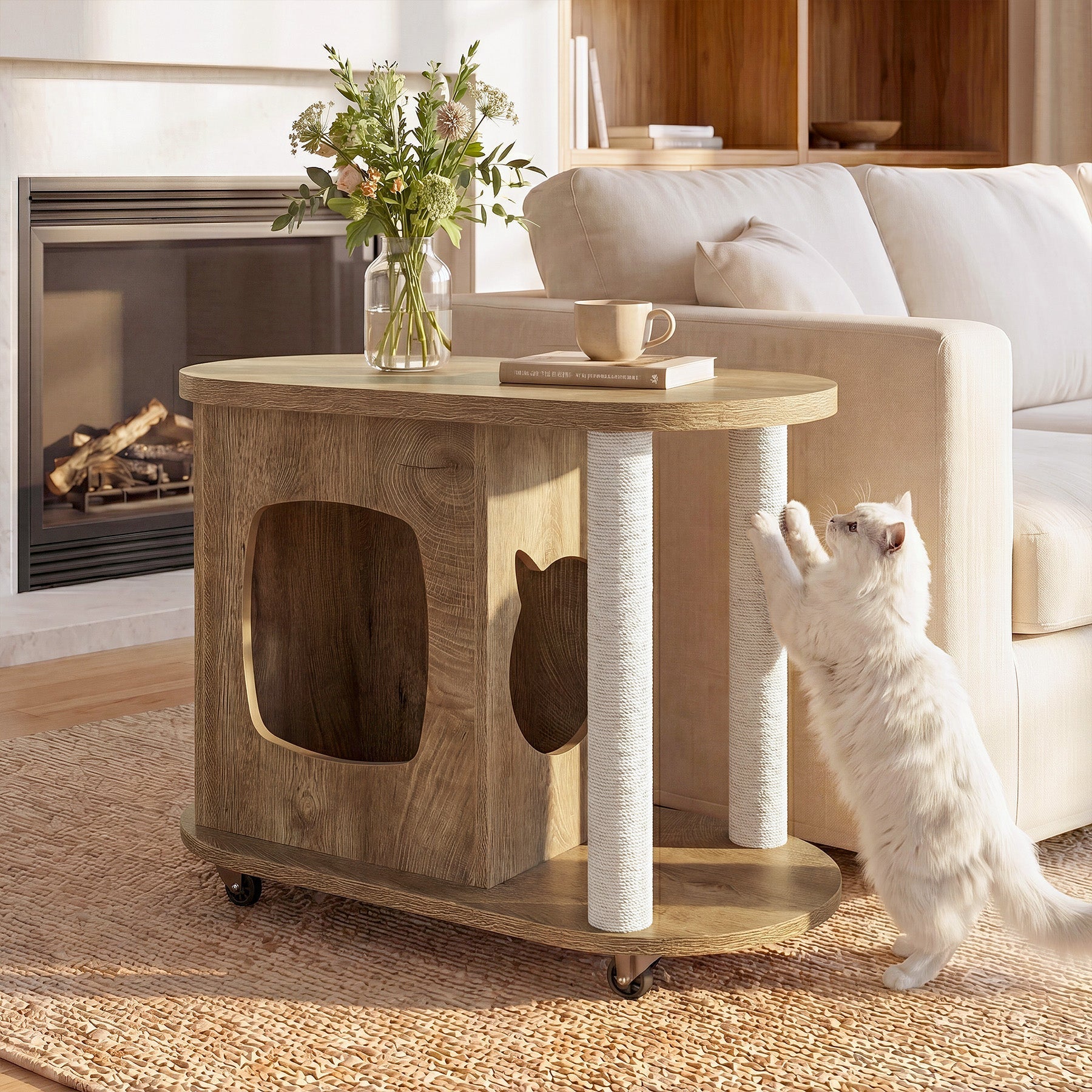 Tribesigns Casa para gatos con rascador y mesa auxiliar, Mesa de centro ovalada con ruedas y agujero para gatos