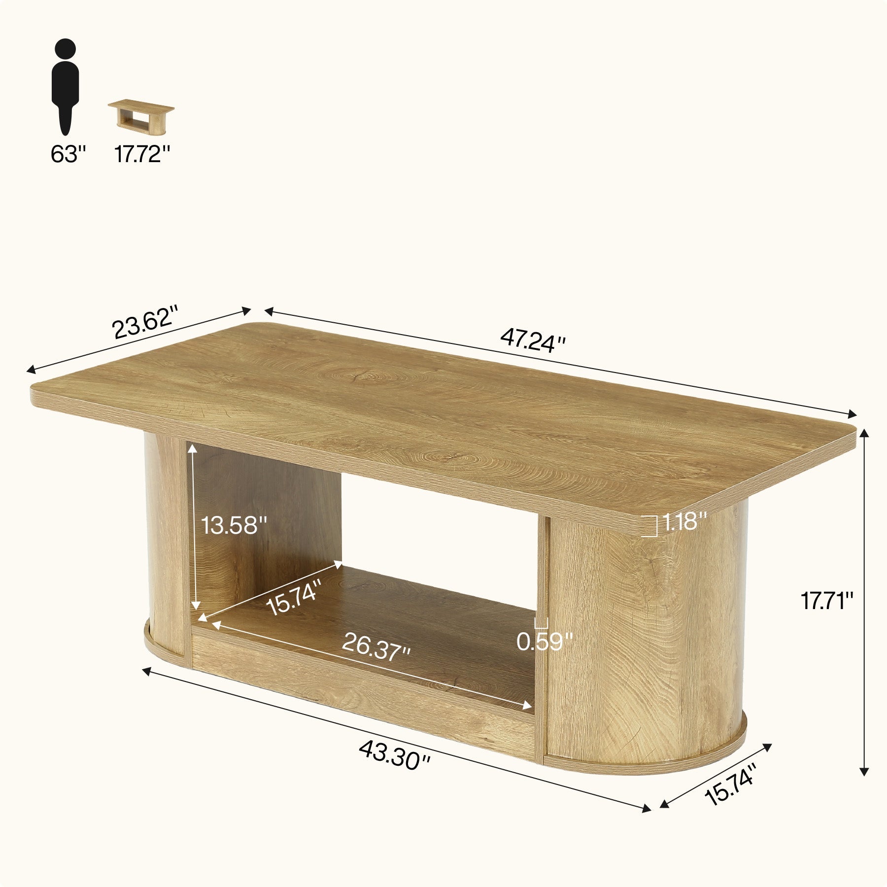 Tribesigns Mesa de centro de 120 cm moderna con estante rectangular de 2 niveles para sala de estar con almacenamiento