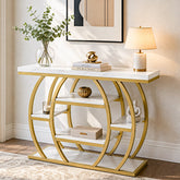 Tribesigns Mesa consola de 105 cm, Mesa estrecha para recibidor con 5 estantes, Estructura de metal dorado y tablero con aspecto de mármol 3