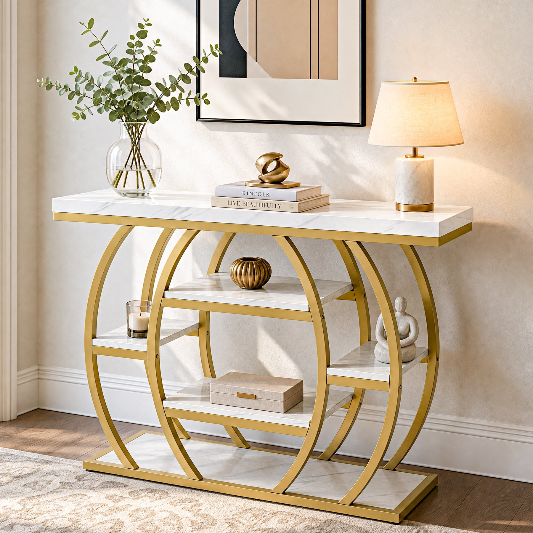 Tribesigns Mesa consola de 105 cm, Mesa estrecha para recibidor con 5 estantes, Estructura de metal dorado y tablero con aspecto de mármol
