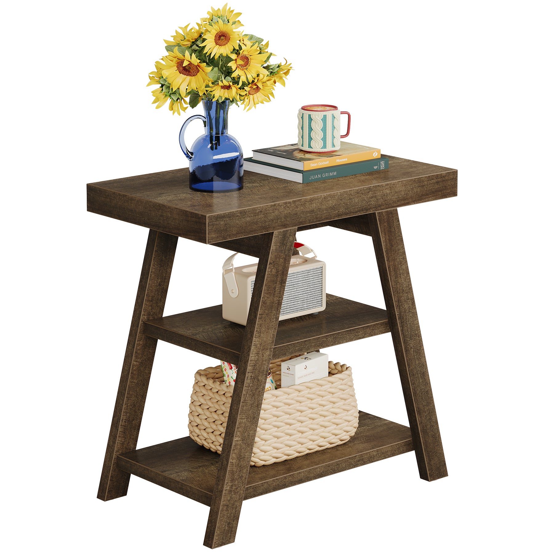 Tribesigns Mesa auxiliar estilo campestre, Mesa auxiliar de madera de tres niveles con patas trapezoidales Mesa auxiliar rústica para sofás y sillones