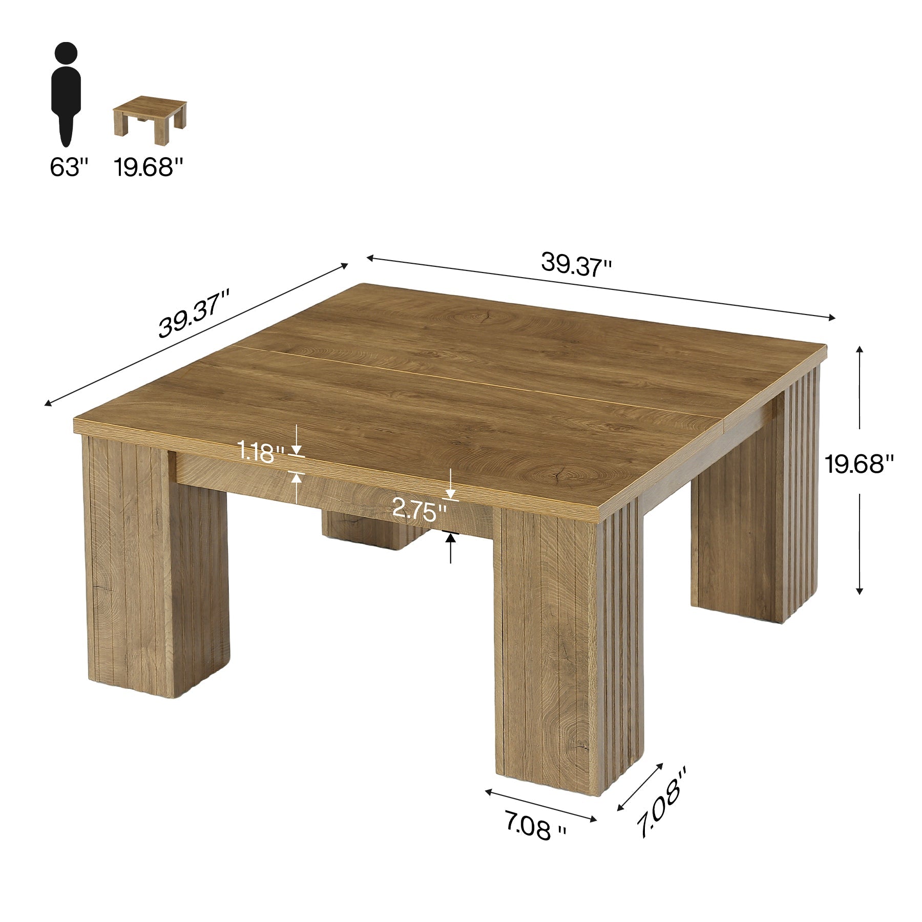 Tribesigns Mesa de centro cuadrada de 100 cm, Mesa de salón de estilo rústico con patas estriadas