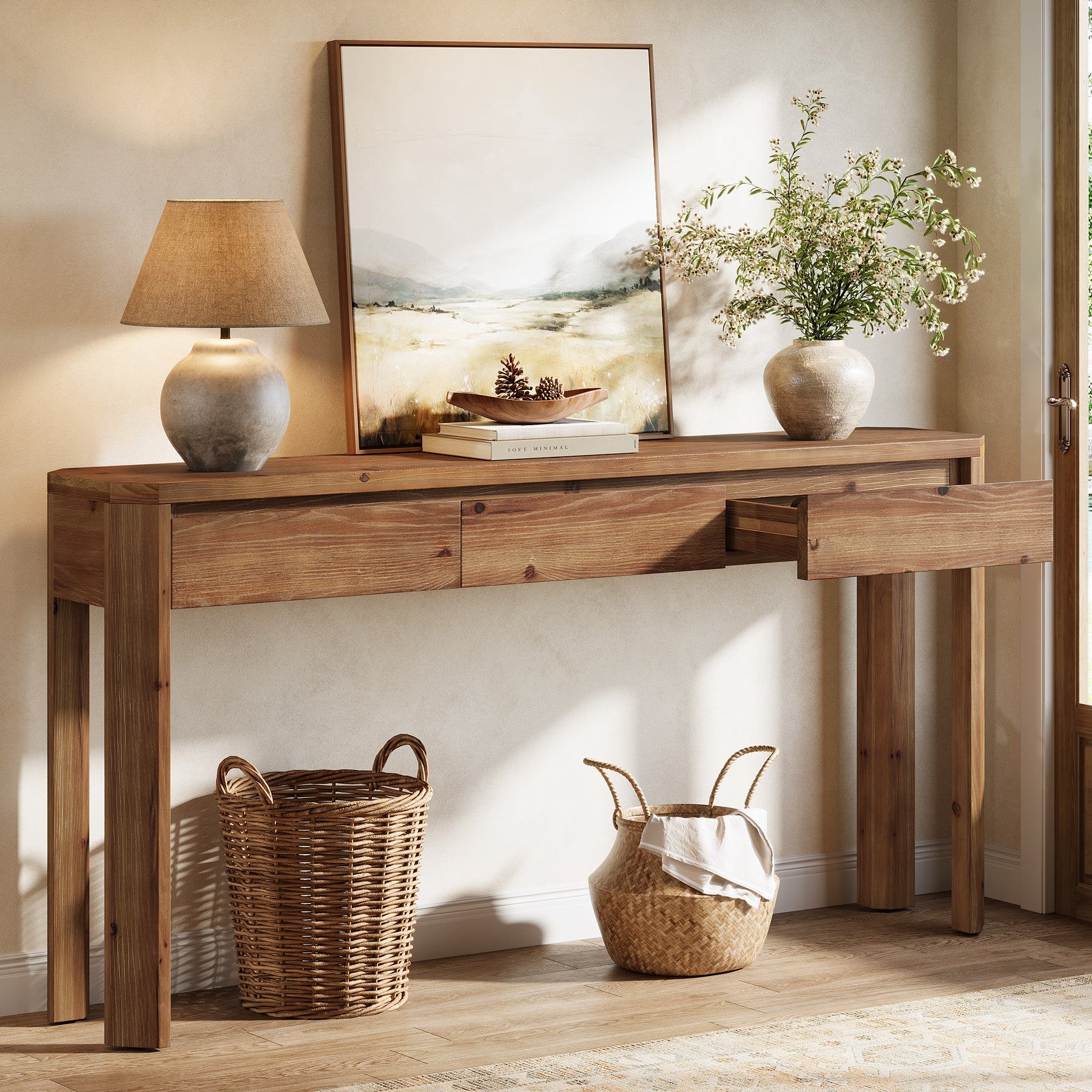 Tribesigns Consola de madera maciza de 160 cm con 3 cajones, Mesa de recibidor y sofá esquinas redondeadas estilo rústico