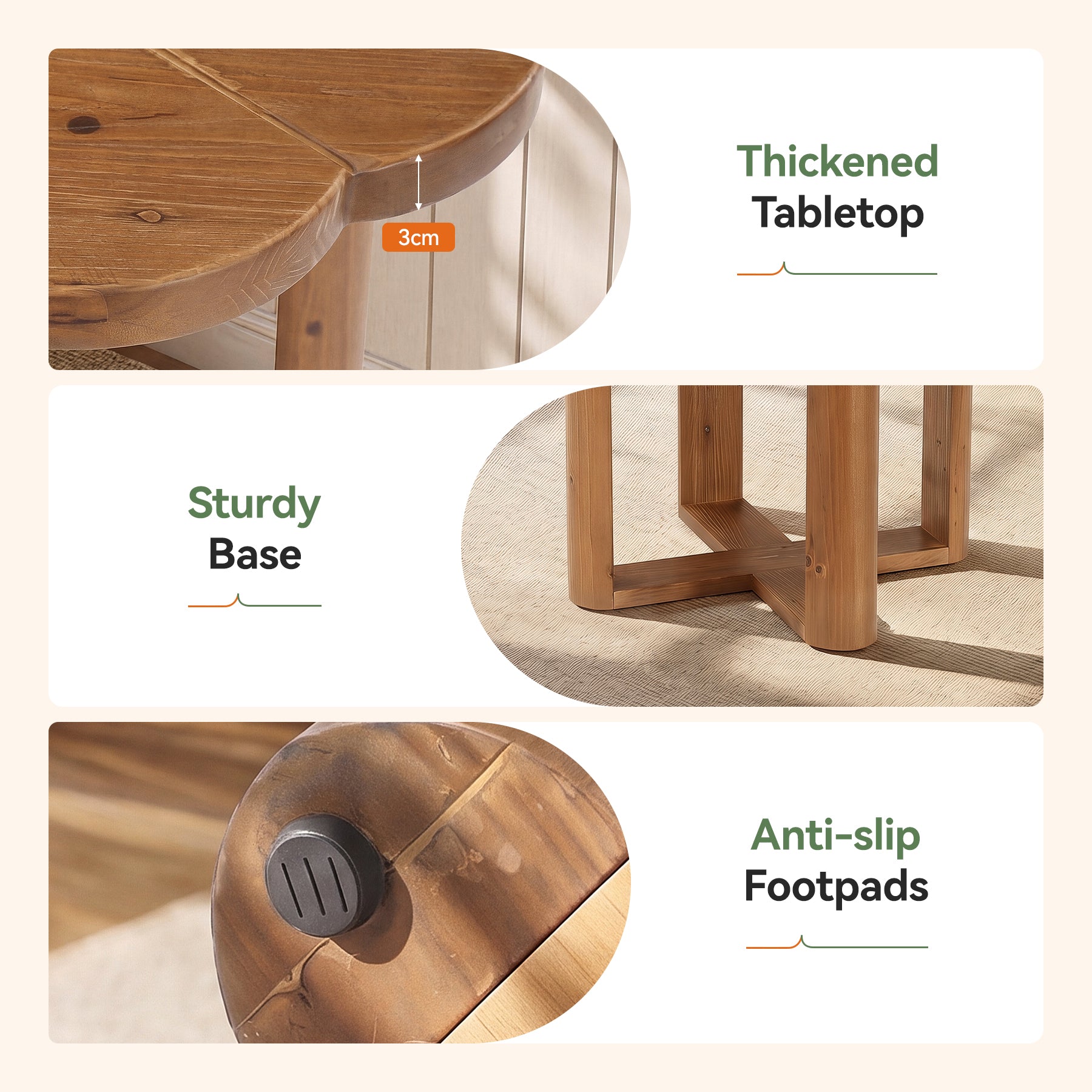 Mesa de comedor redonda de madera maciza de 80 cm para 2-4 personas, Estilo rústico con diseño floral tallado
