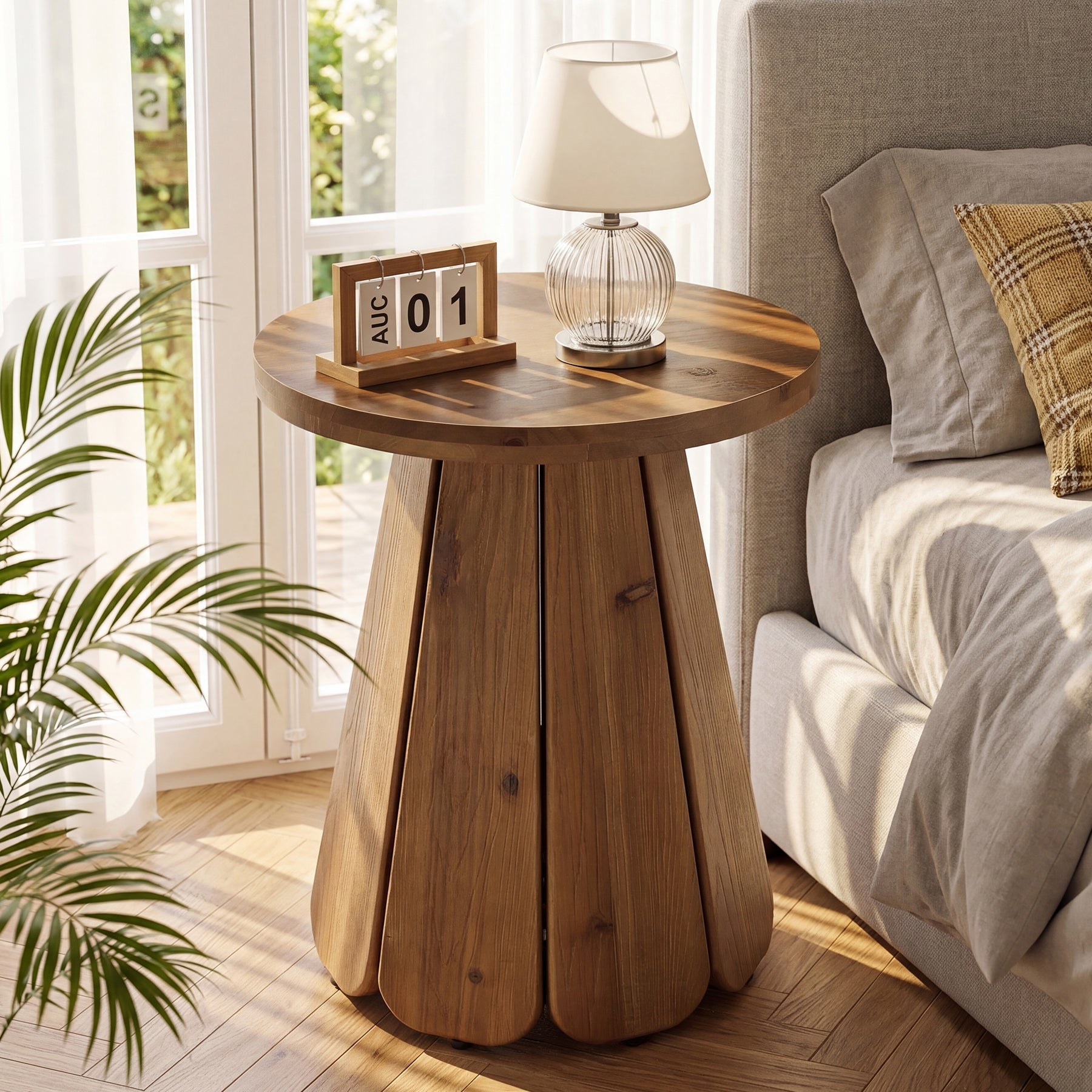Tribesigns Mesa auxiliar redonda de madera maciza, Mesa de centro de estilo rústico de 50 cm con base escultural