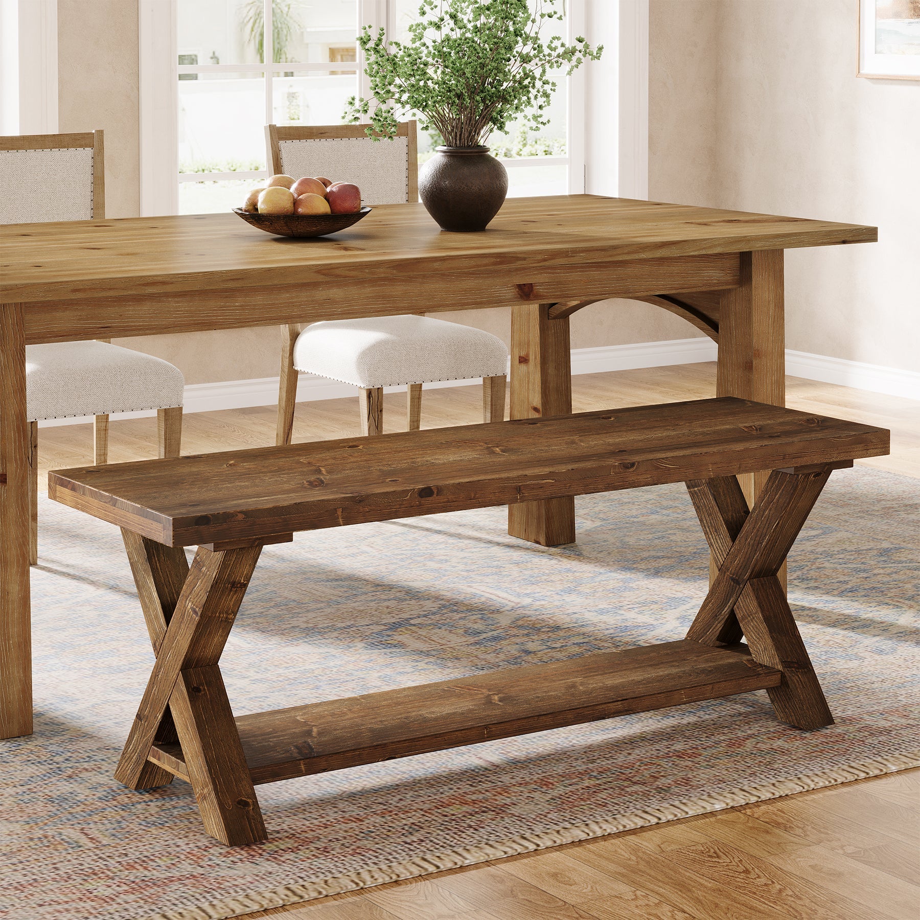 Tribesigns Banco de madera macizade 110 cm con compartimento de almacenamiento, Banco zapatero de estilo rústico con estructura en forma de X en color marrón