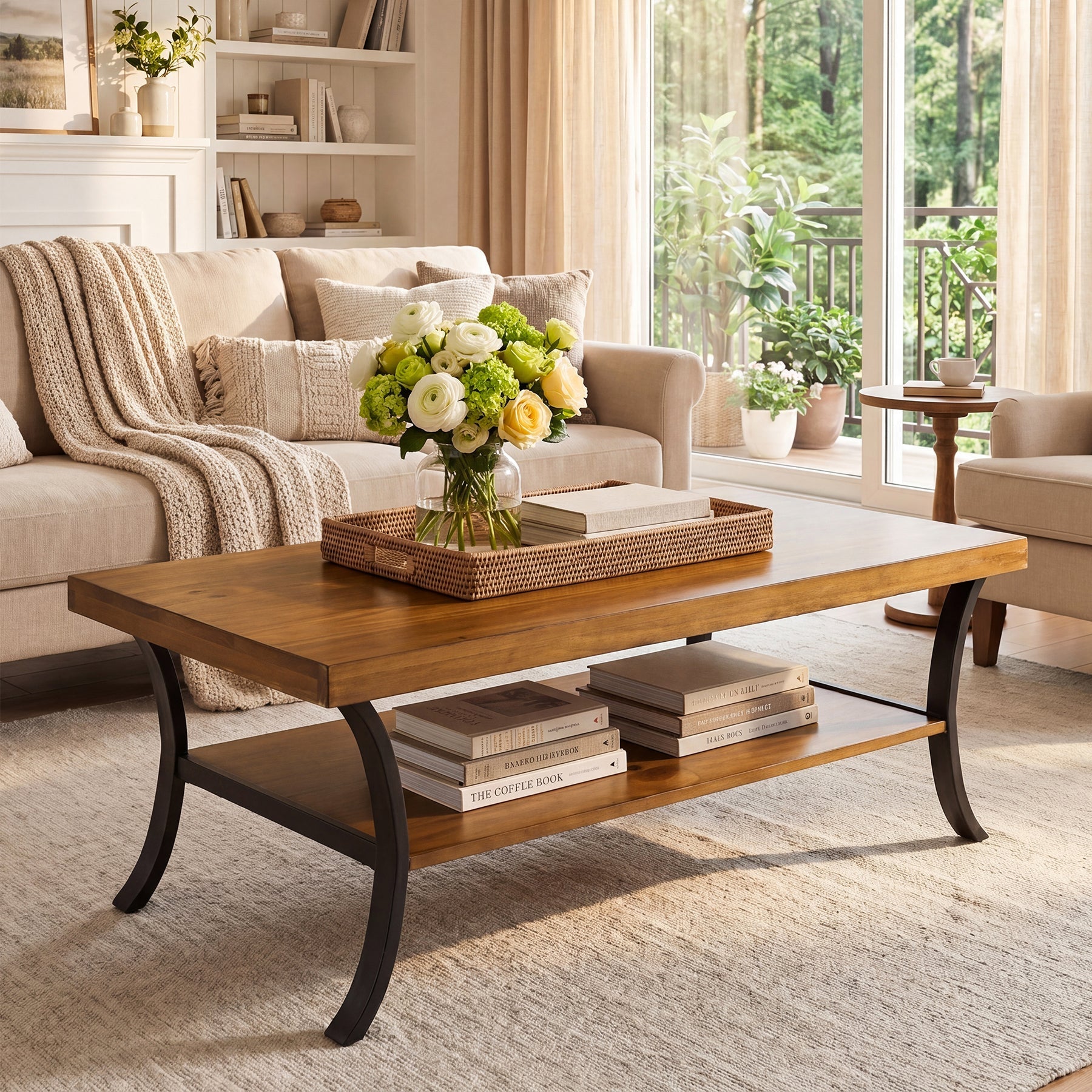 Tribesigns Mesa de centro de madera maciza de 120 cm con estante, Mesa de salón de 2 niveles con patas metálicas curvas