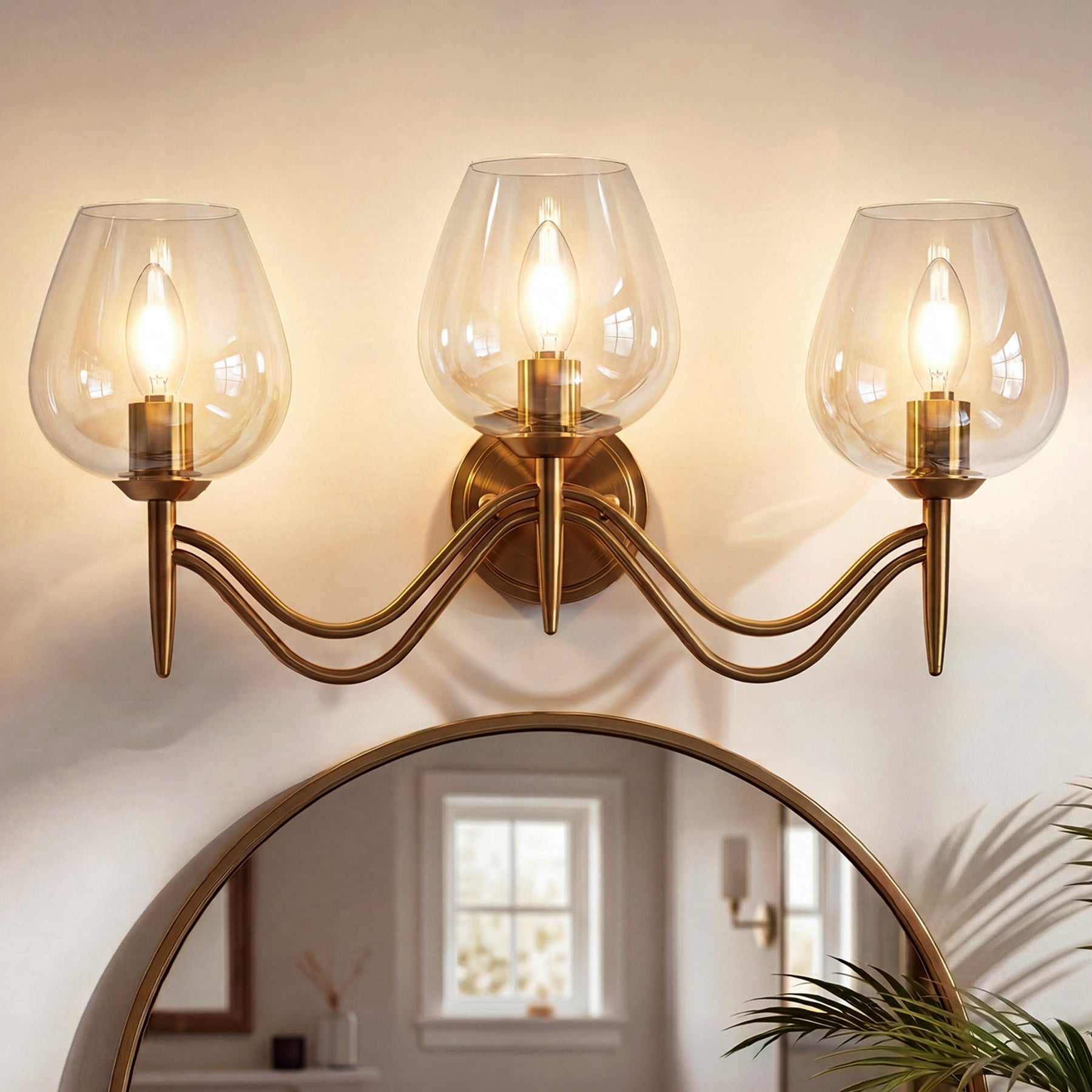 Lámpara de baño de 3 luces 58 cm, de latón con espejo y cristal transparente, casquillo E14