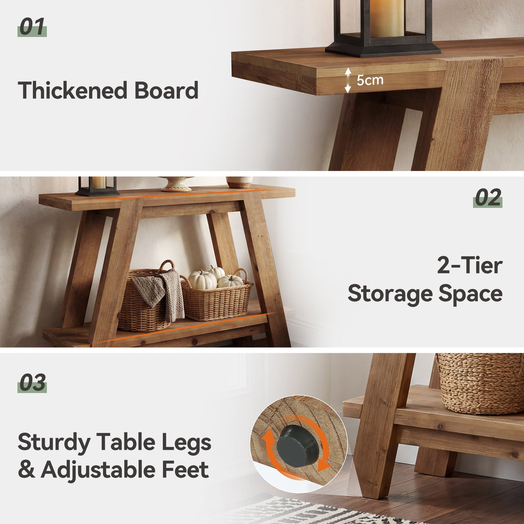 Tribesigns Consola estrecha de madera maciza de 110 cm de estilo rústico, Mesa de centro con 2 estantes