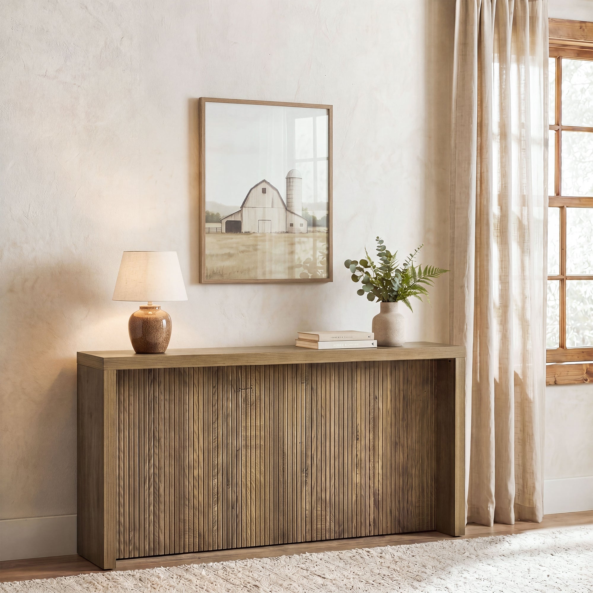 Consola rústica de 160 cm, Mesa de entrada de madera con diseño acanalado para el recibidor