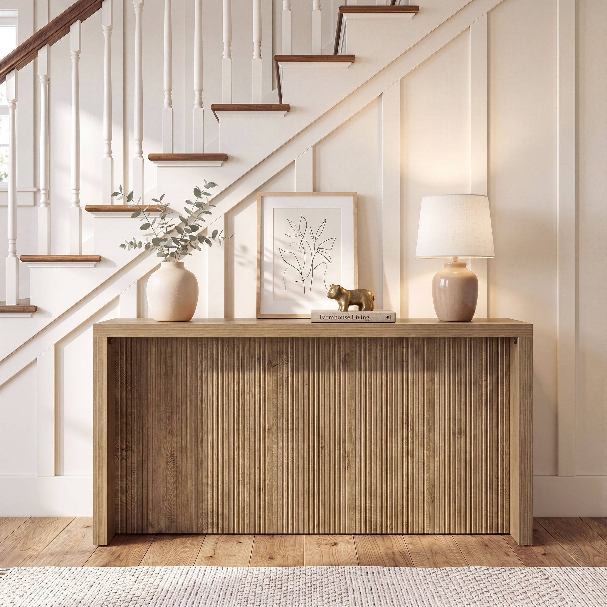 Consola rústica de 160 cm, Mesa de entrada de madera con diseño acanalado para el recibidor