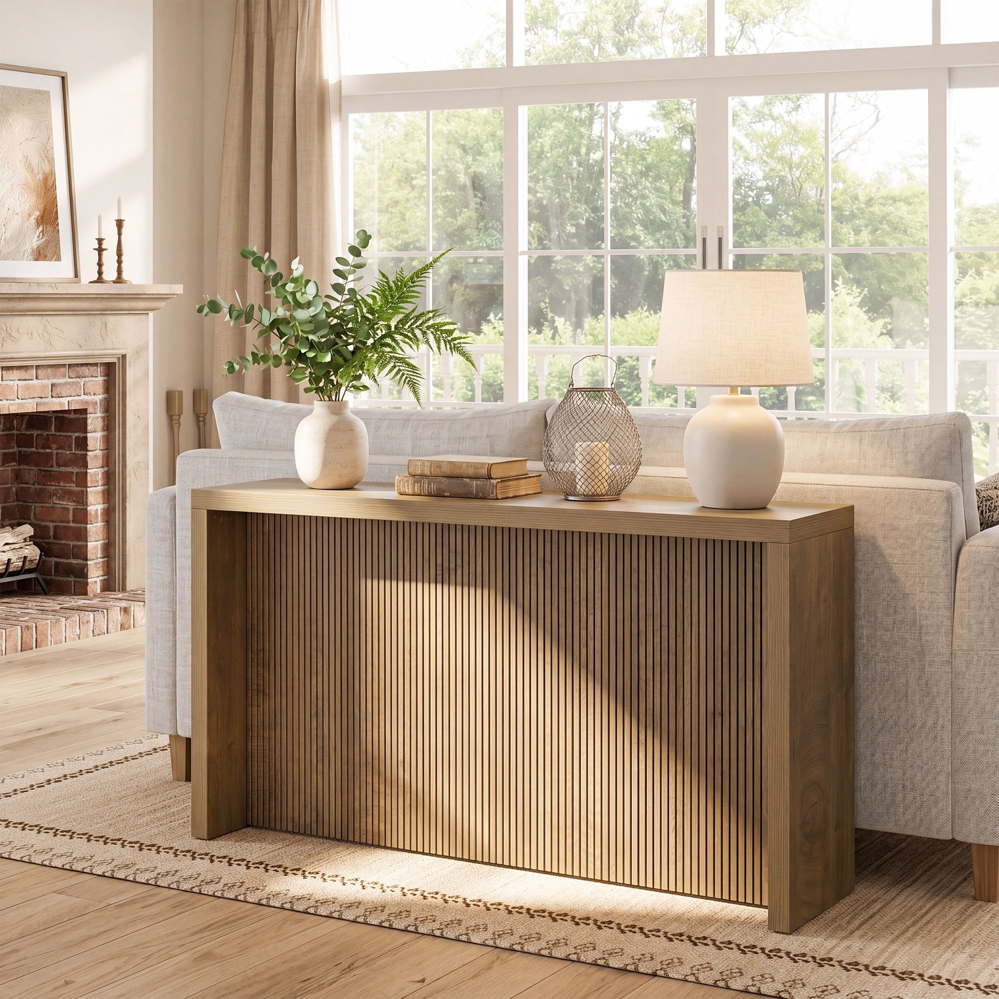 Consola rústica de 160 cm, Mesa de entrada de madera con diseño acanalado para el recibidor