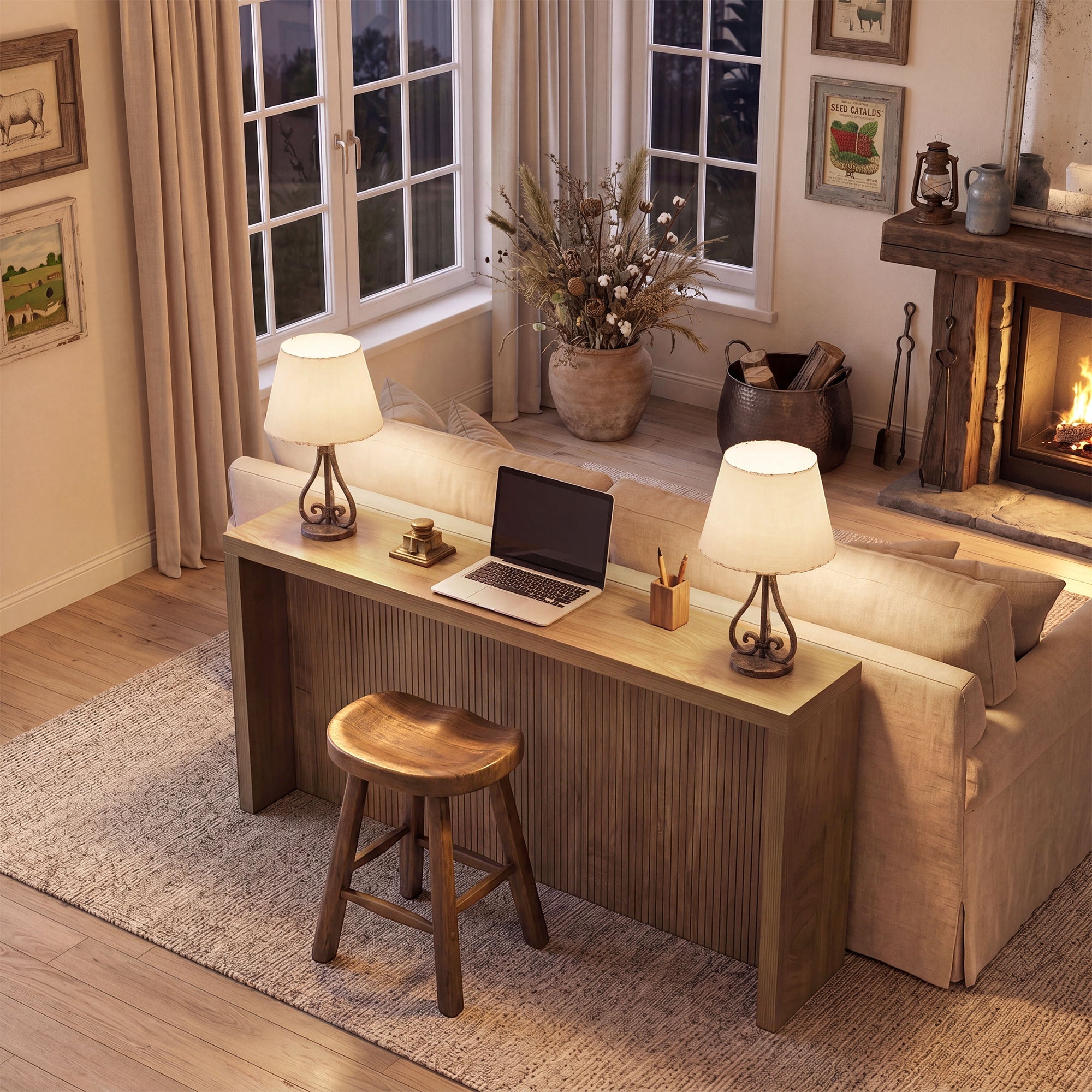 Consola rústica de 160 cm, Mesa de entrada de madera con diseño acanalado para el recibidor