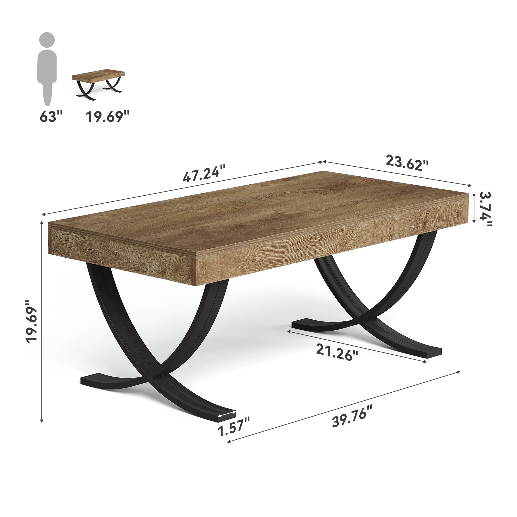 Tribesigns Mesa de centro rectangular, 120 cm Mesa de salón estilo industrial con estructura metálica