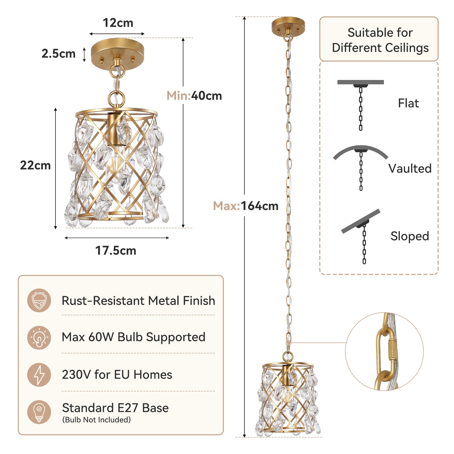Lámpara colgante Gold de 17,5 x 17,5 x 30 cm, Moderna lámpara colgante con cristales de vidrio con forma de onda de agua y casquillo E27 para isla de cocina, comedor y pasillo [Clase energética E]
