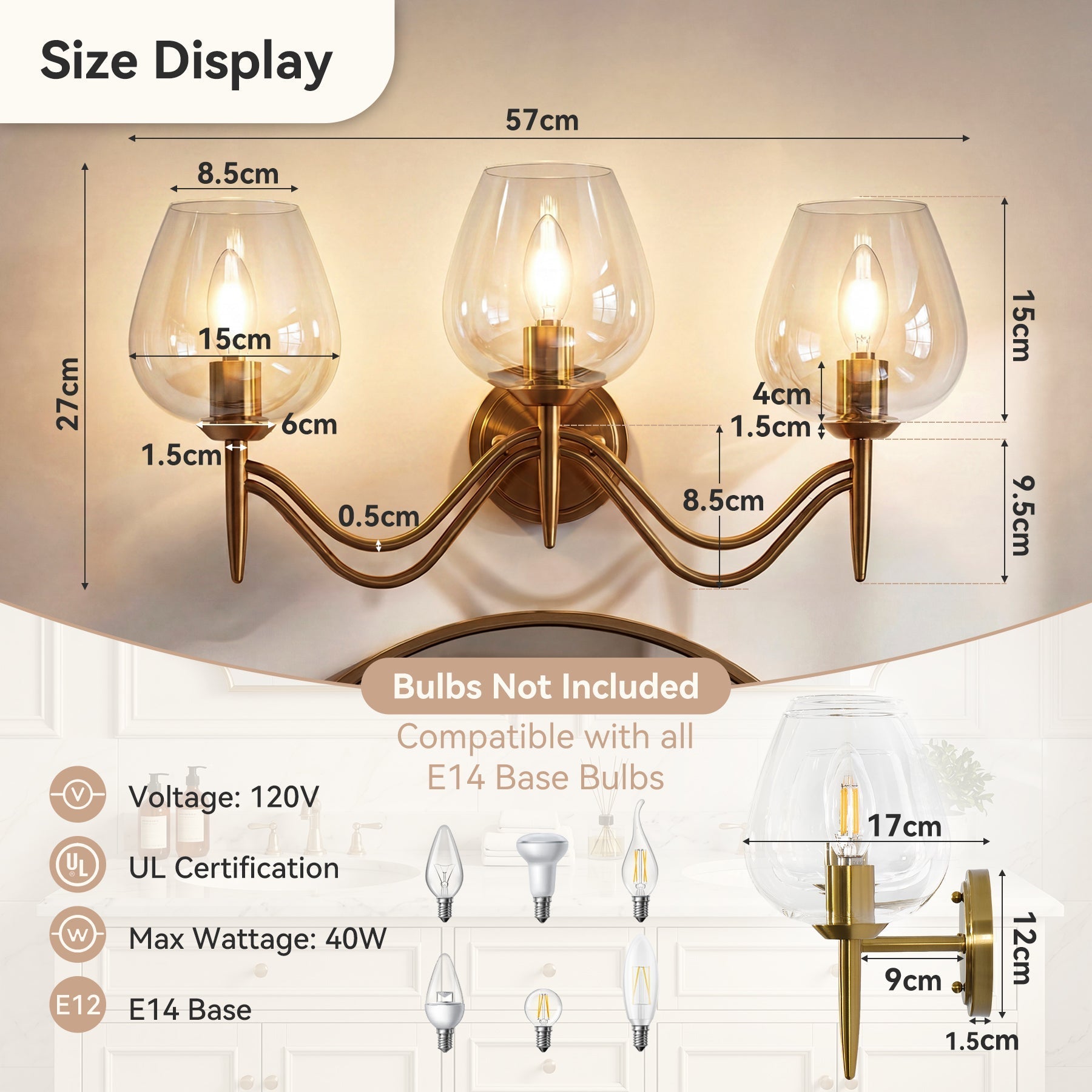 Lámpara de baño de 3 luces 58 cm, de latón con espejo y cristal transparente, casquillo E14