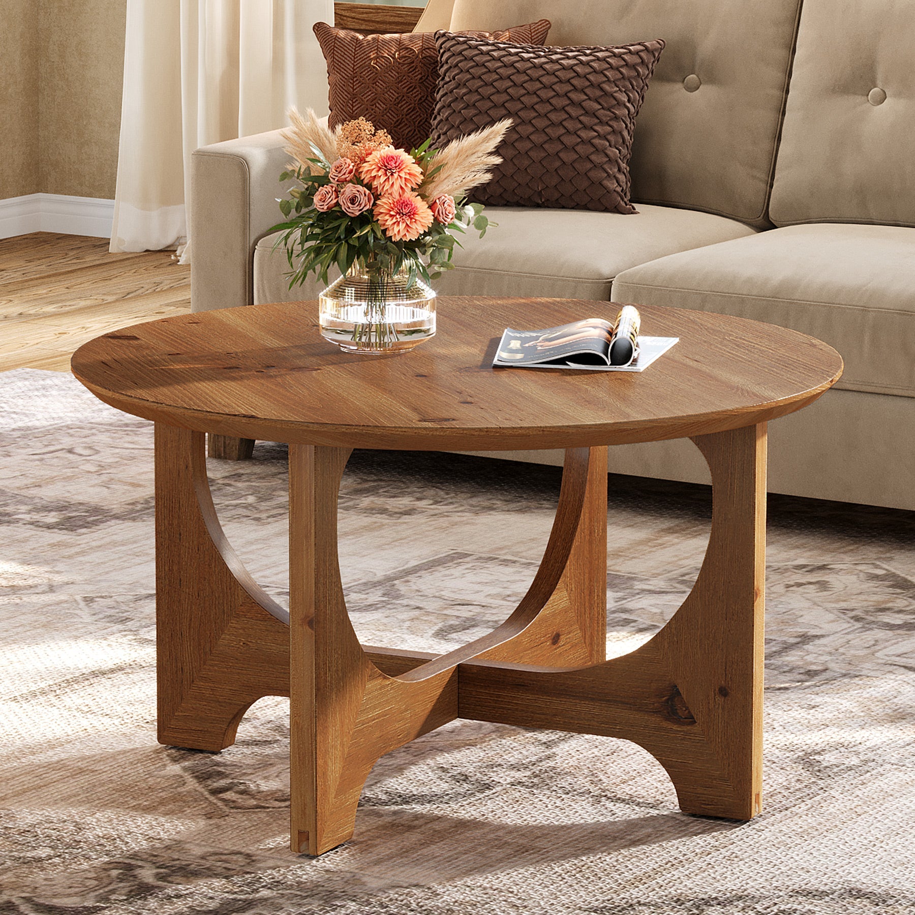 Tribesigns Mesa de centro redonda de madera maciza 80 cm, Mesa de salón de estilo rústico para salas de estar y espacios pequeños