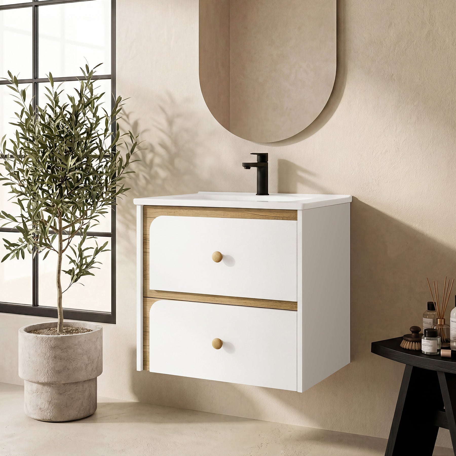 Tribesigns Mueble de baño suspendido con lavabo de cerámica, Mueble de baño moderno suspendido con puerta de cierre suave