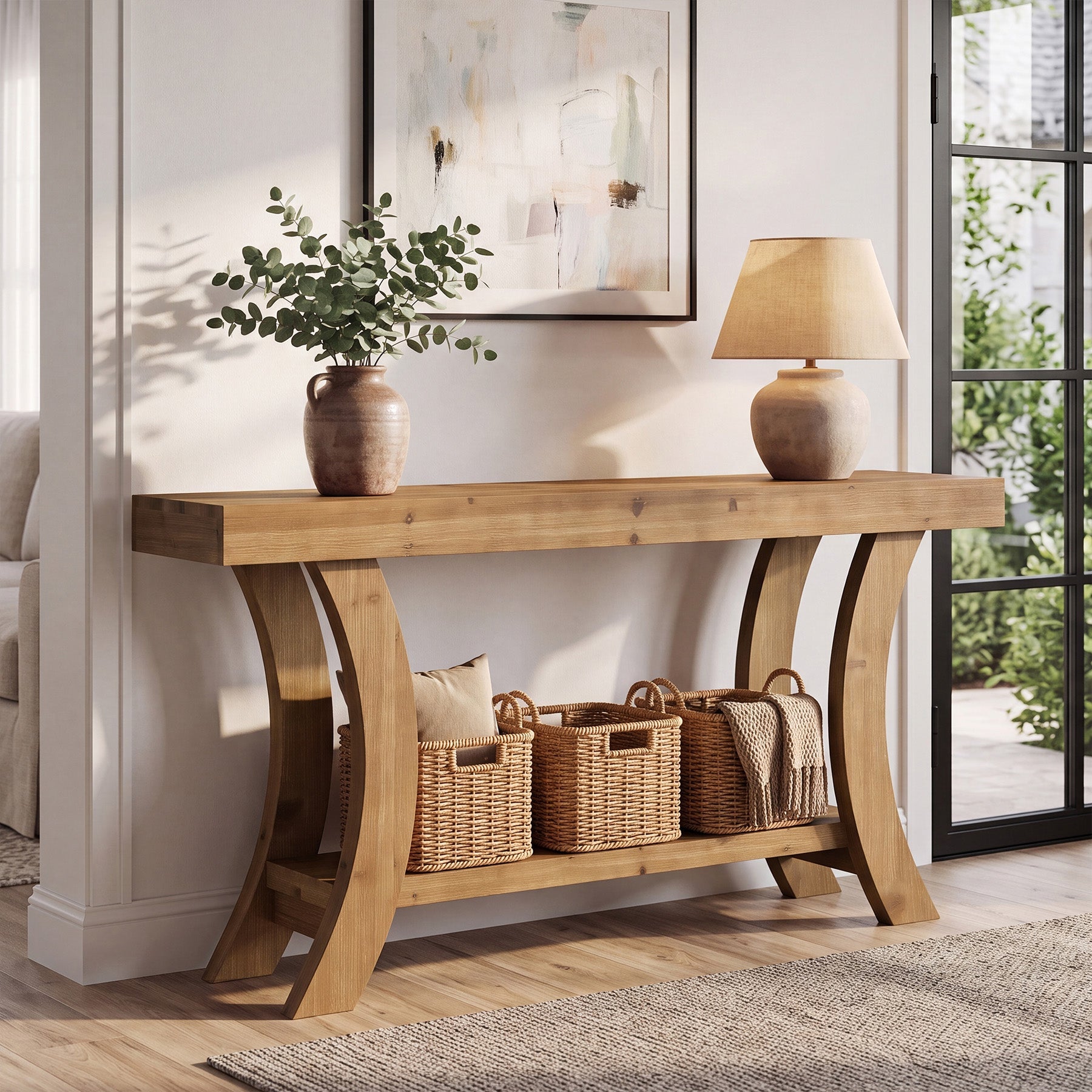 Tribesigns Mesa consola de madera maciza 160 cm, Mesa de recibidor con estante y marco arqueado curvo