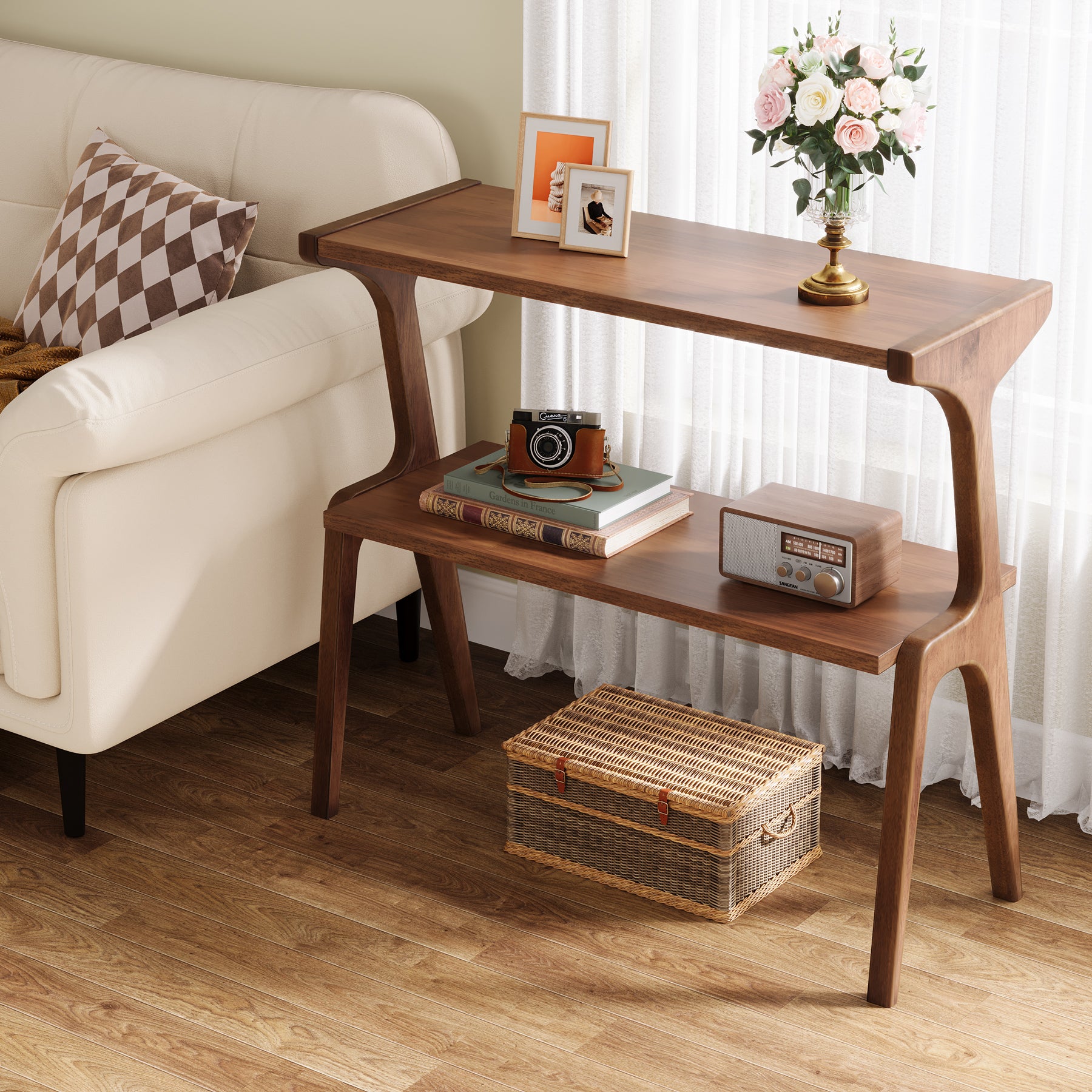 Tribesigns Mesa de centro estrecha, Mesa de centro delgada de 2 niveles con estante de almacenamiento