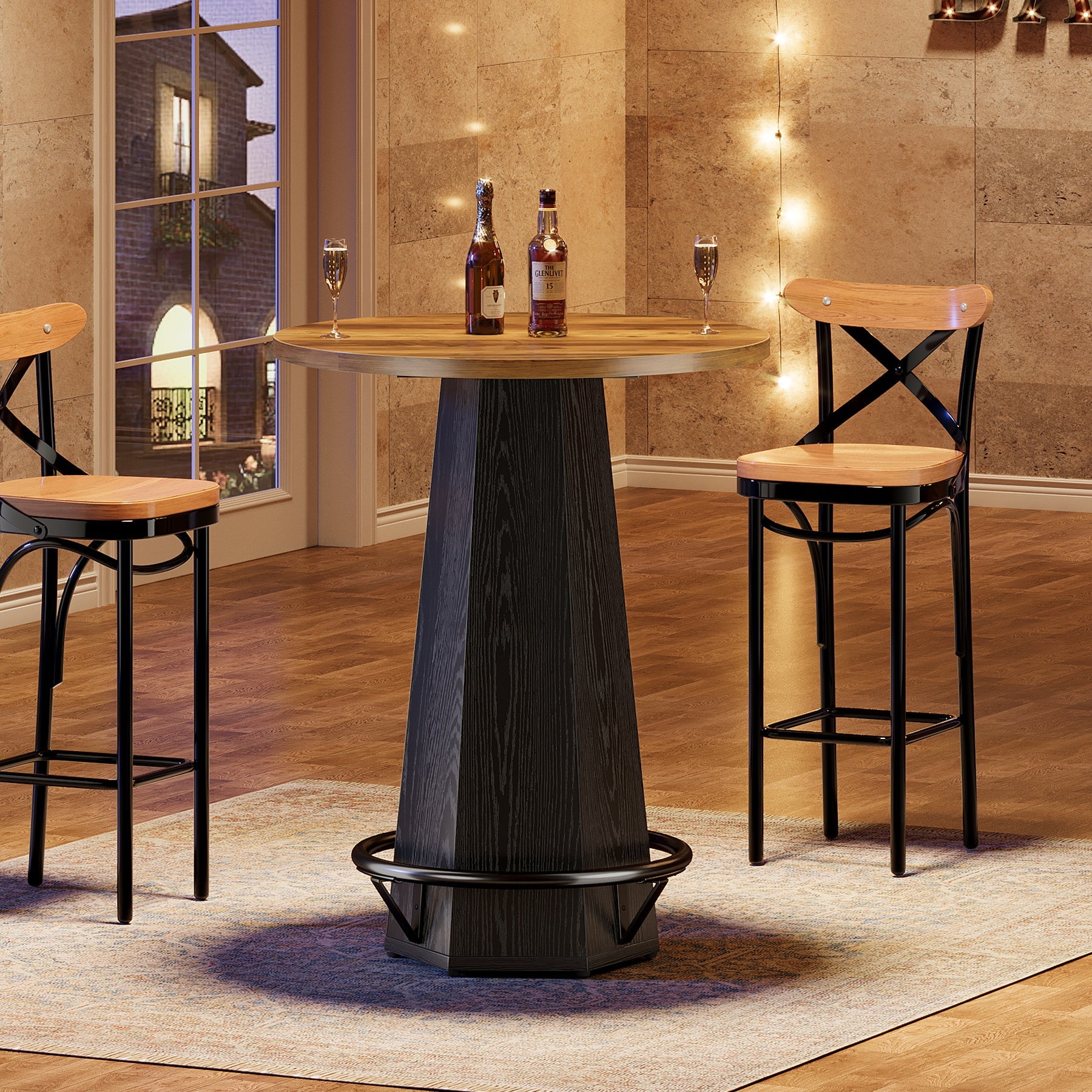 Tribesigns Mesa de bar redonda de 100 cm para 2 personas, Mesa de comedor industrial con reposapiés