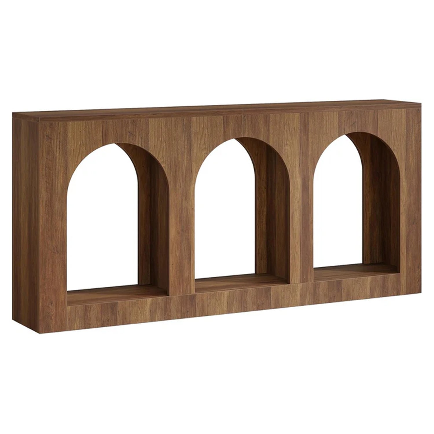 Consola de 160 cm mesa estrecha de madera con 3 estantes arqueados, Mesa de centro detrás del sofá