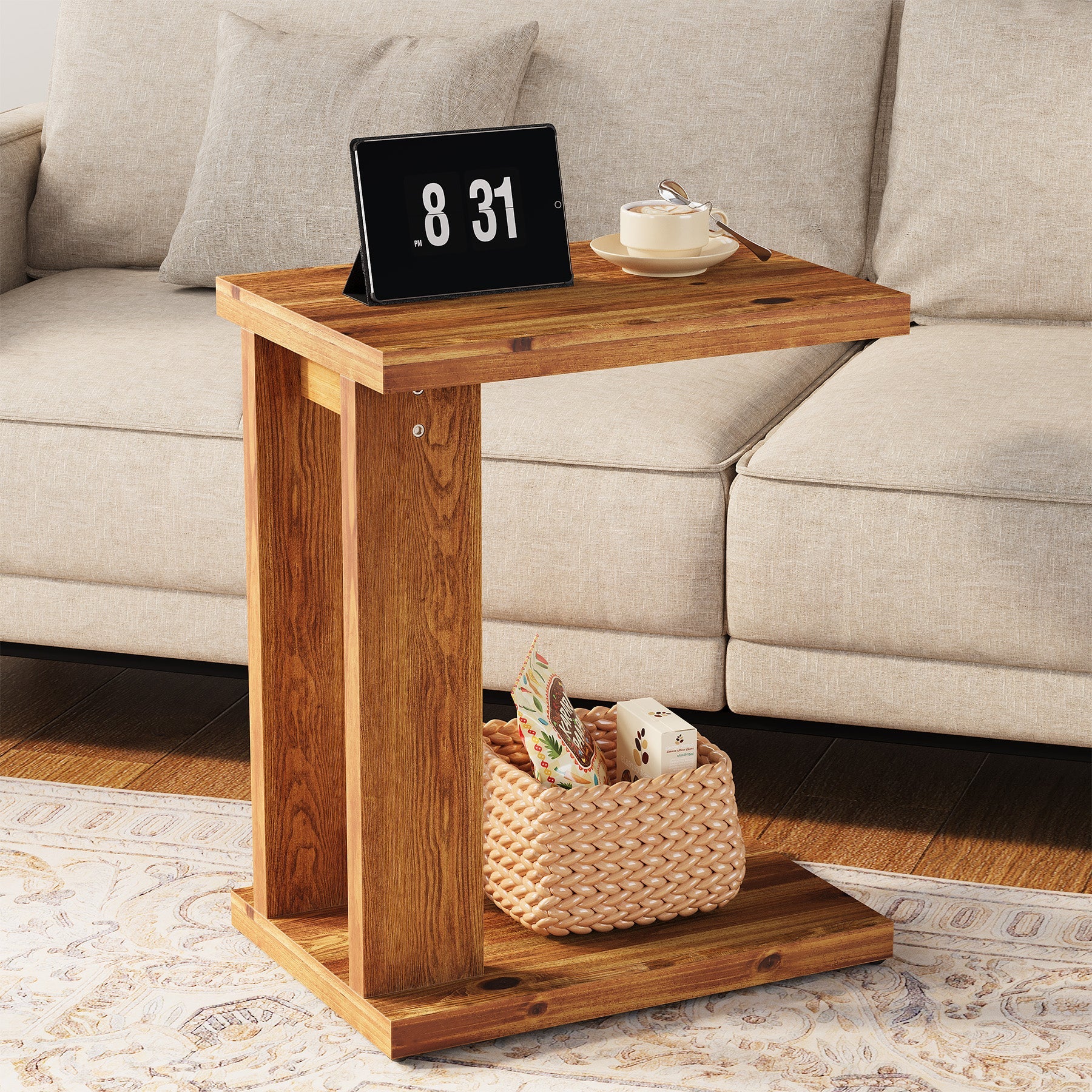 Tribesigns Mesa auxiliar de madera maciza en forma de C con 2 niveles, 50 x 35 x 60 cm, Mesa de banco de madera para sala de estar, dormitorio y espacios pequeños