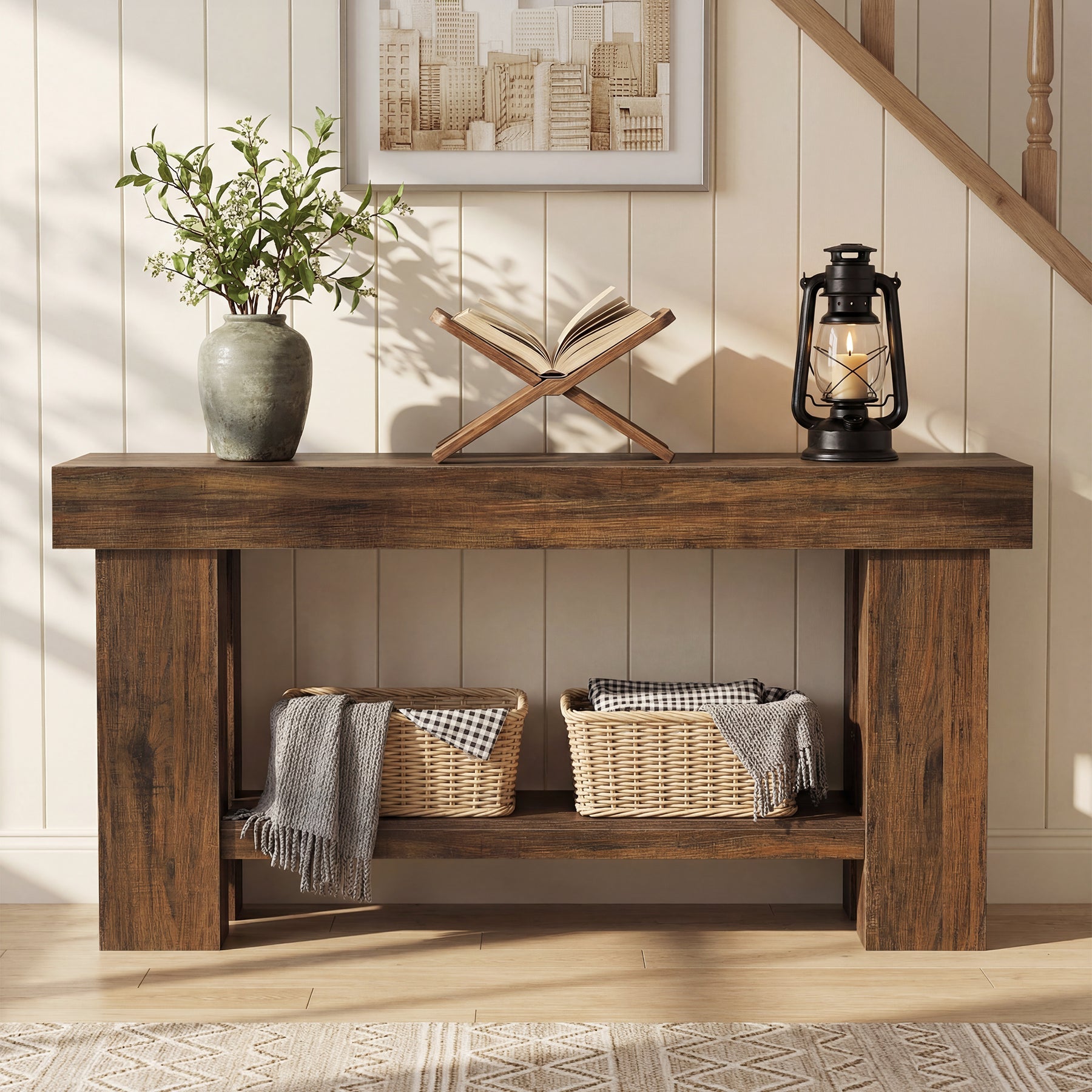 Tribesigns Mesa consola de estilo industrial de 160 cm y 2 niveles, Mesa estrecha para sofá con estante