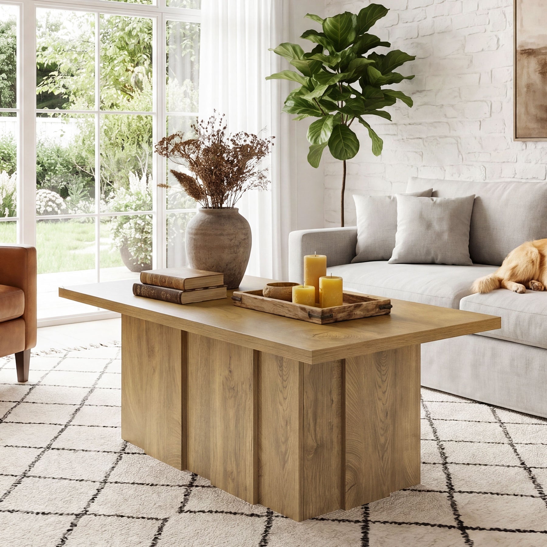 Tribesigns Mesa de centro de 120 cm, Mesa rectangular para salón de estilo rústico moderno con base acanalada