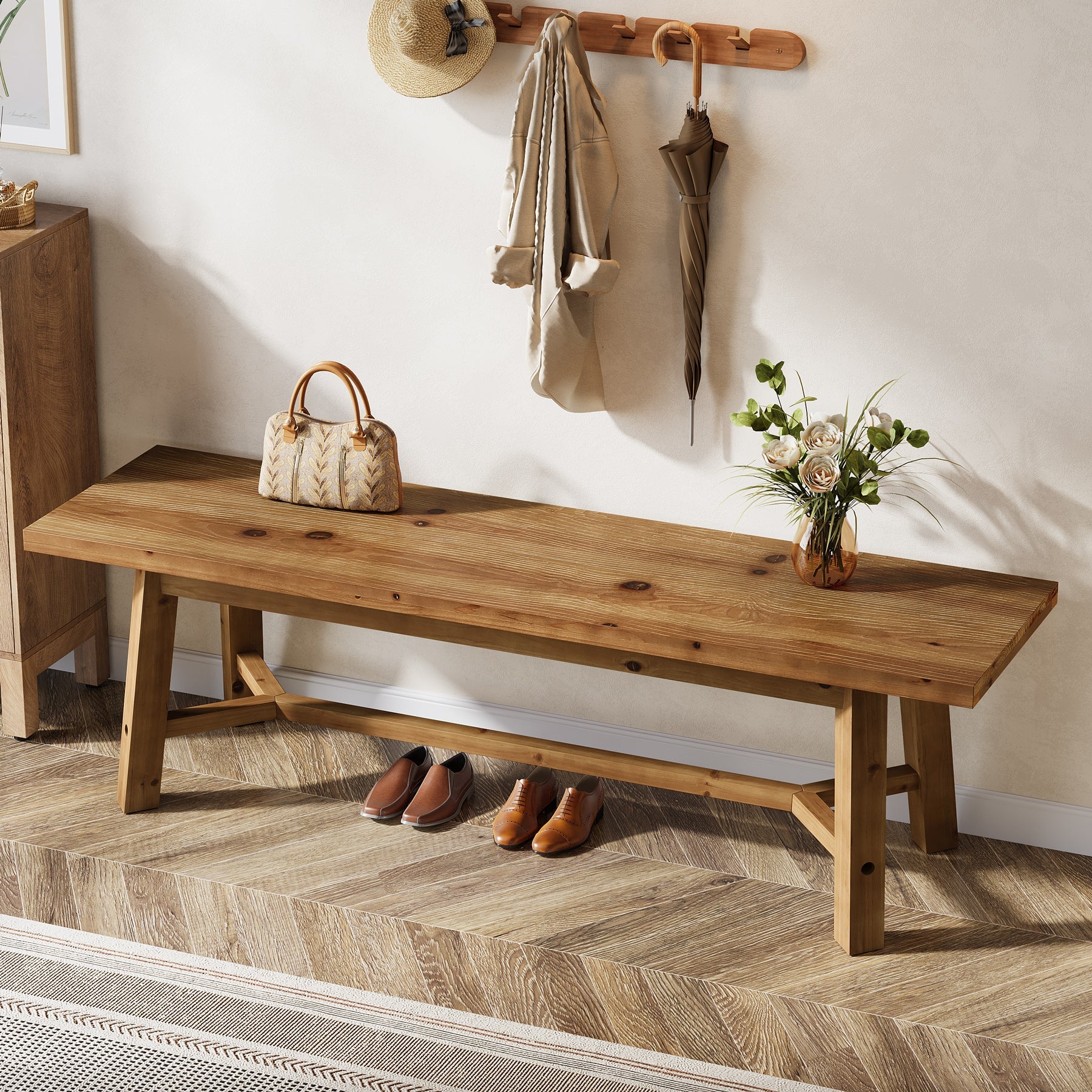 Banco de recibidorde 140 cm de madera maciza con estructura robusta, Banco rústico para recibidor y sala de estar