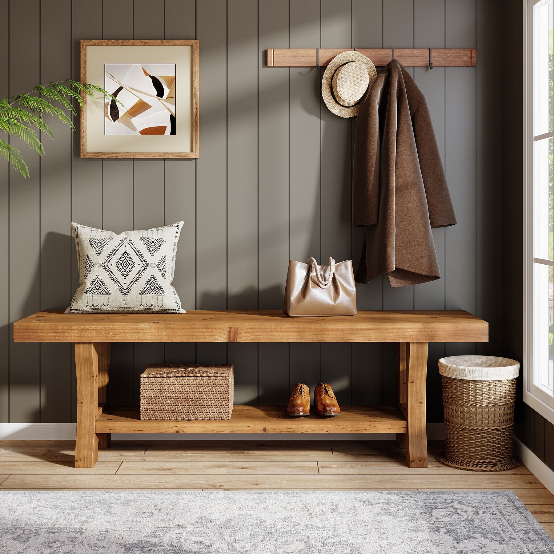 Tribesigns Banco de pasillo de madera maciza de 140 cm con almacenamiento abierto, Banco rústico para zapatos, ideal para pasillo, dormitorio y comedor