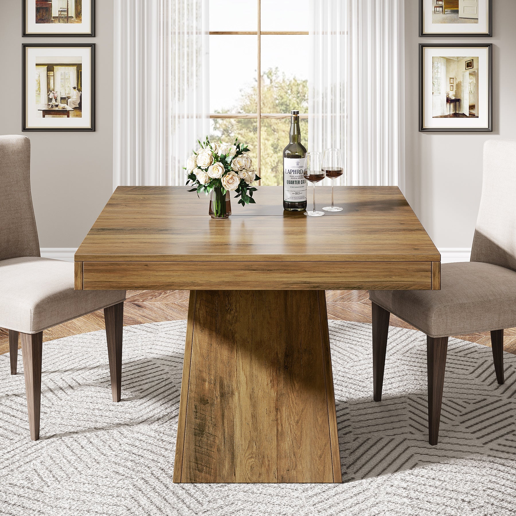 Tribesigns Mesa de comedor cuadrada de 80 cm para 4 personas, Estilo rústico con base de columna en color marrón