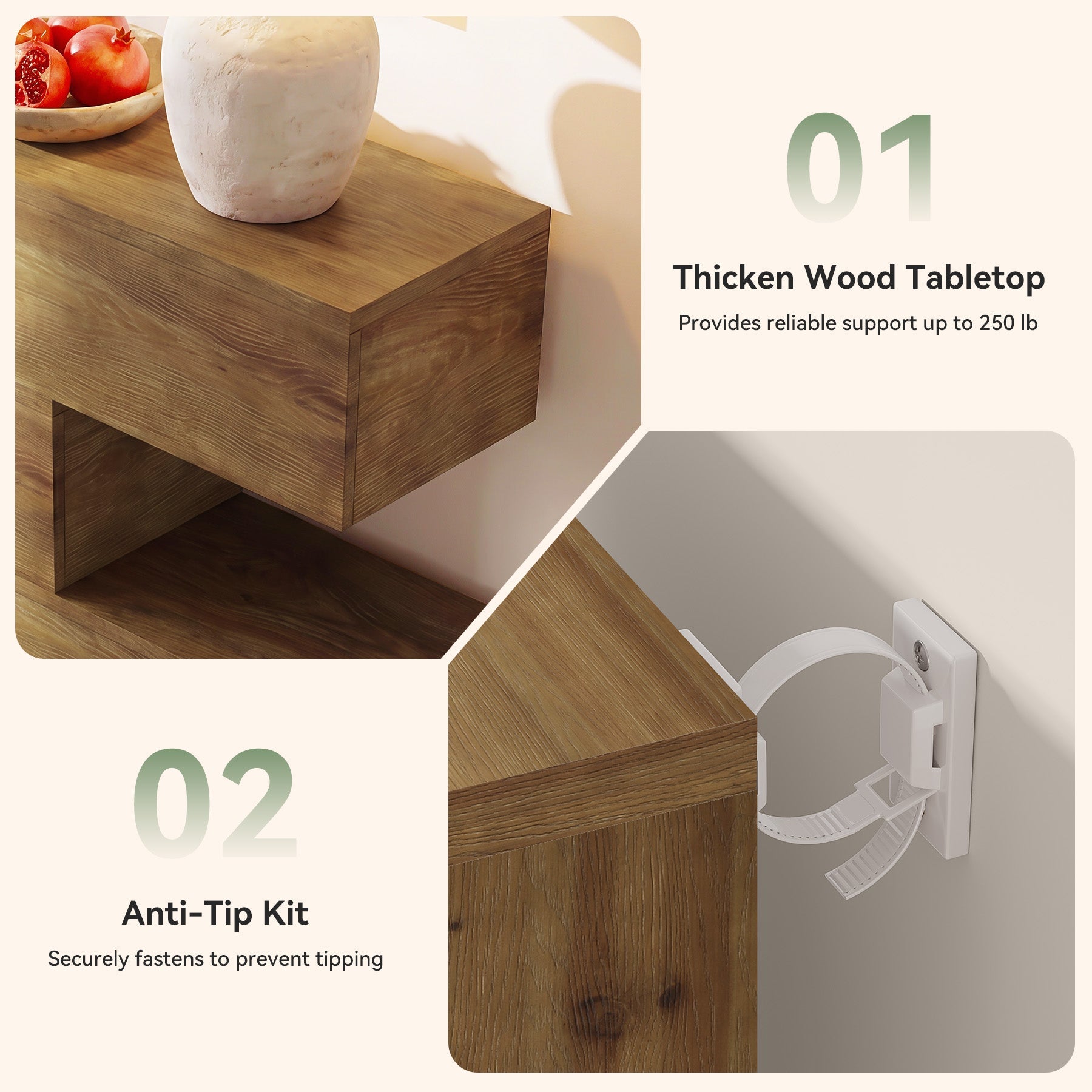 Consola de madera maciza de 110 cm con 4 estantes, Mesa estrecha para recibidor de estilo rústico