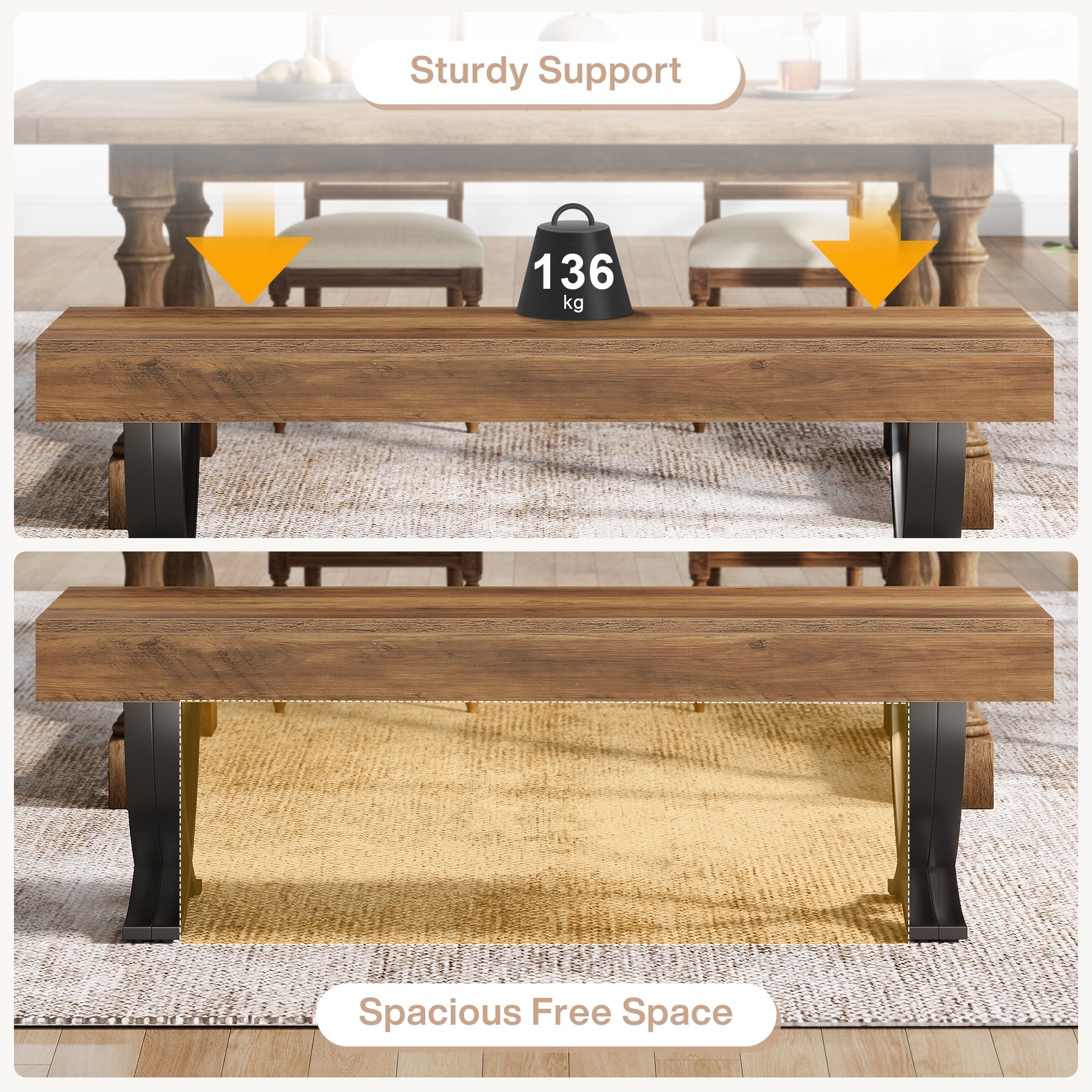 Tribesigns Banco de comedor rústico de 140 cm con tablero de aspecto de madera y patas metálicas en forma de X, Banco de cocina largo para comedor y pasillo