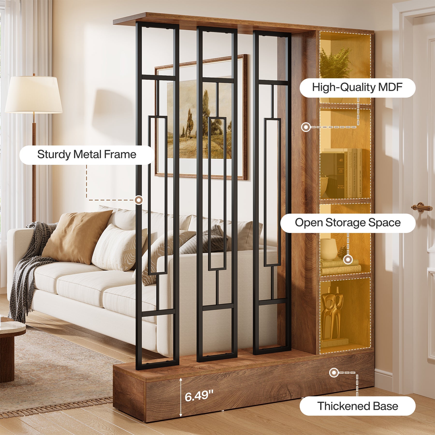 Biombo separador de ambientes de madera y metal de 120 cm, Pantalla de privacidad con estantes