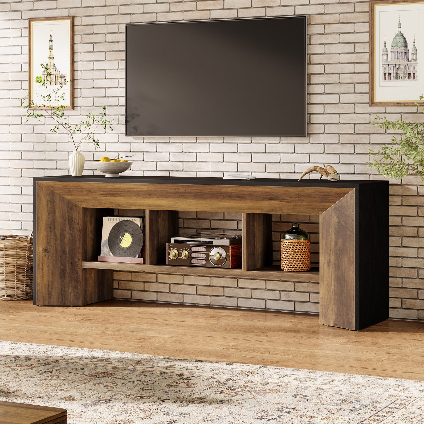 Mueble para TV de 160 cm, Mueble multimedia de 3 compartimentos para salón