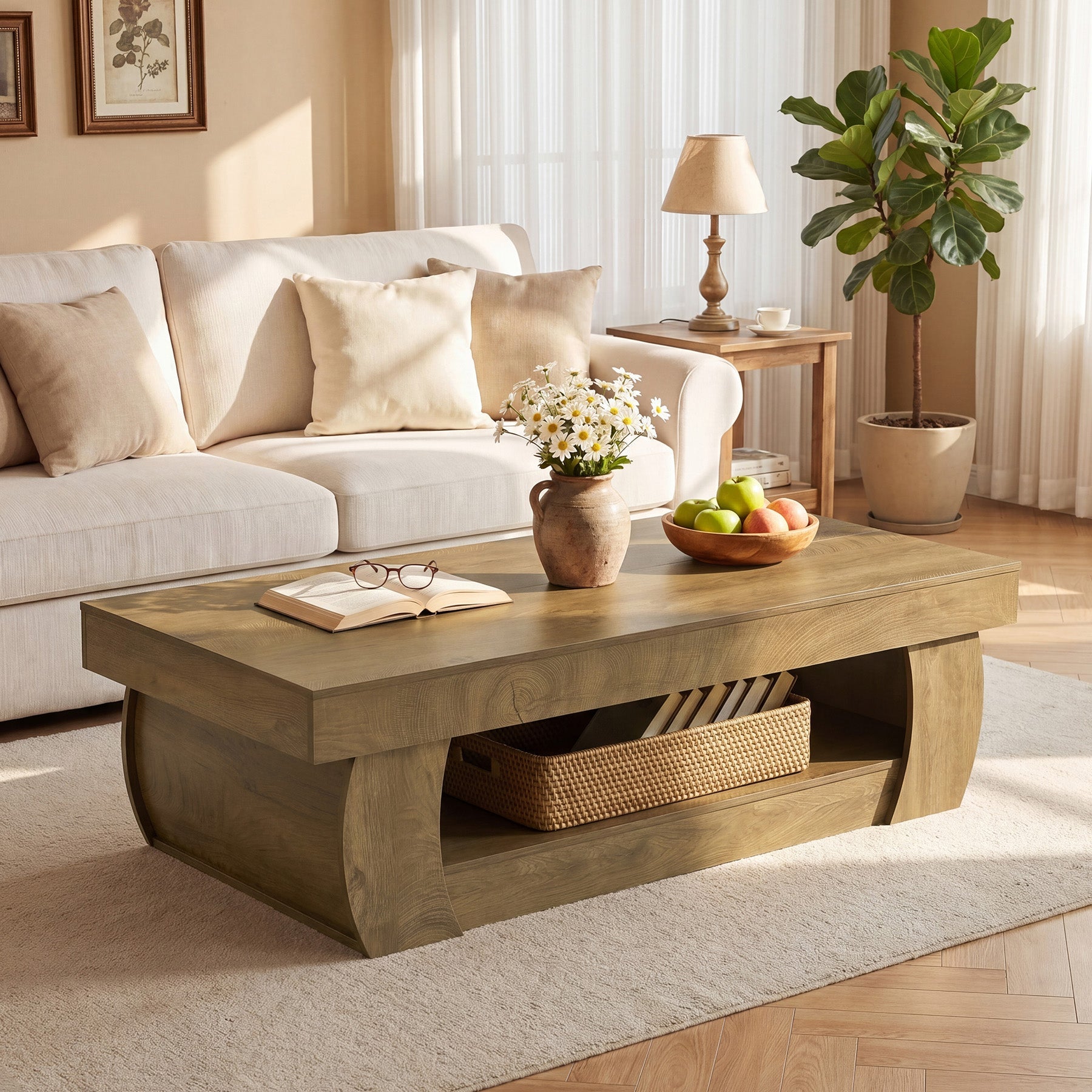 Tribesigns Mesa de centro moderna de 140 cm con estante de almacenamiento abierto, Mesa de salón rectangular con laterales curvos para salón