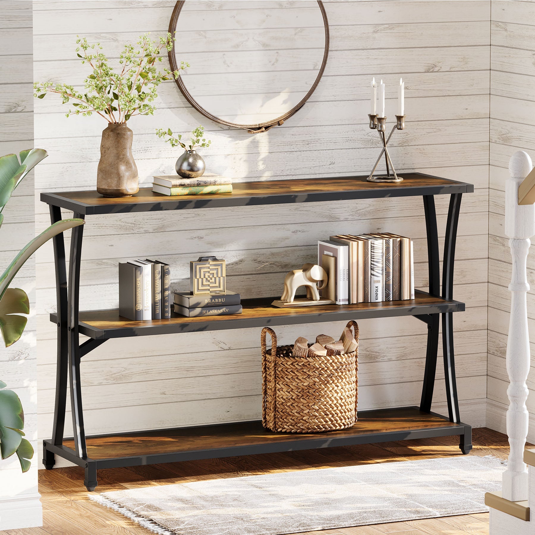 Tribesigns Consola estrecha de estilo industrial con 3 estantes, Mesa de recibidor y de sofá en imitación madera con estructura de metal resistente