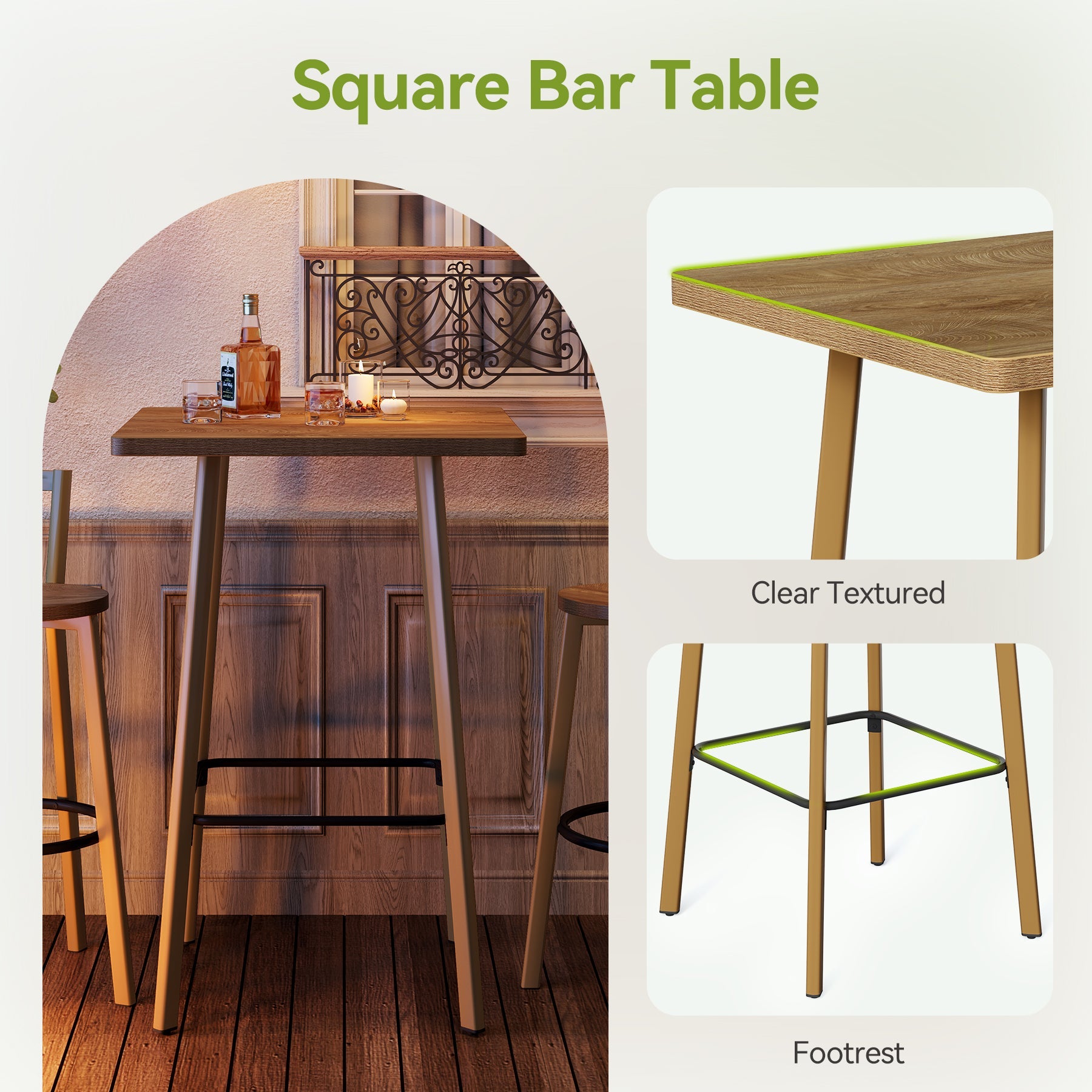 Tribesigns Mesa de Bar Alta con 2 Taburetes, Mesa Bistró Cuadrada 100 cm con Reposapiés