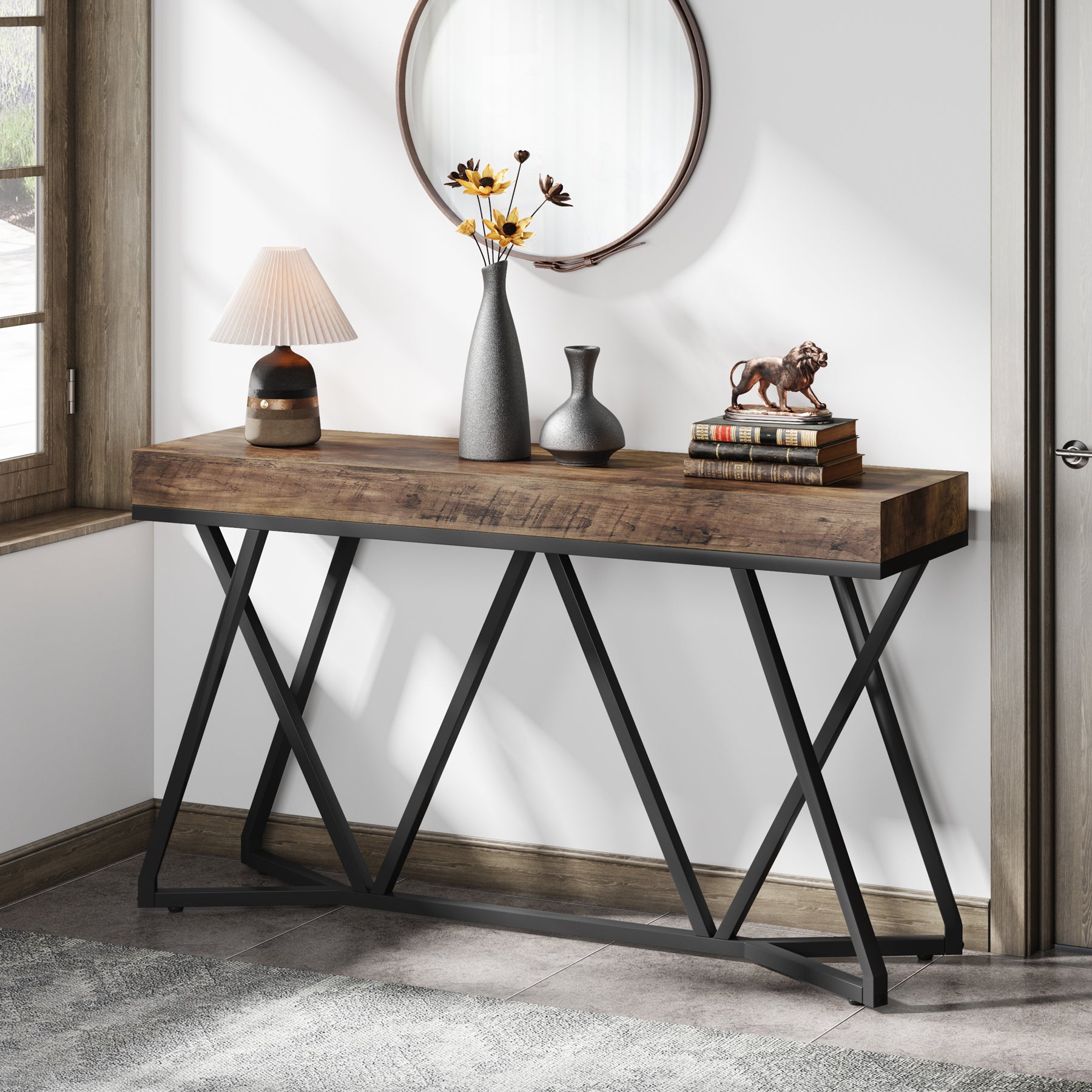 Tribesigns Mesa consola de madera, Consola de entrada con base de metal Mesa de centro única