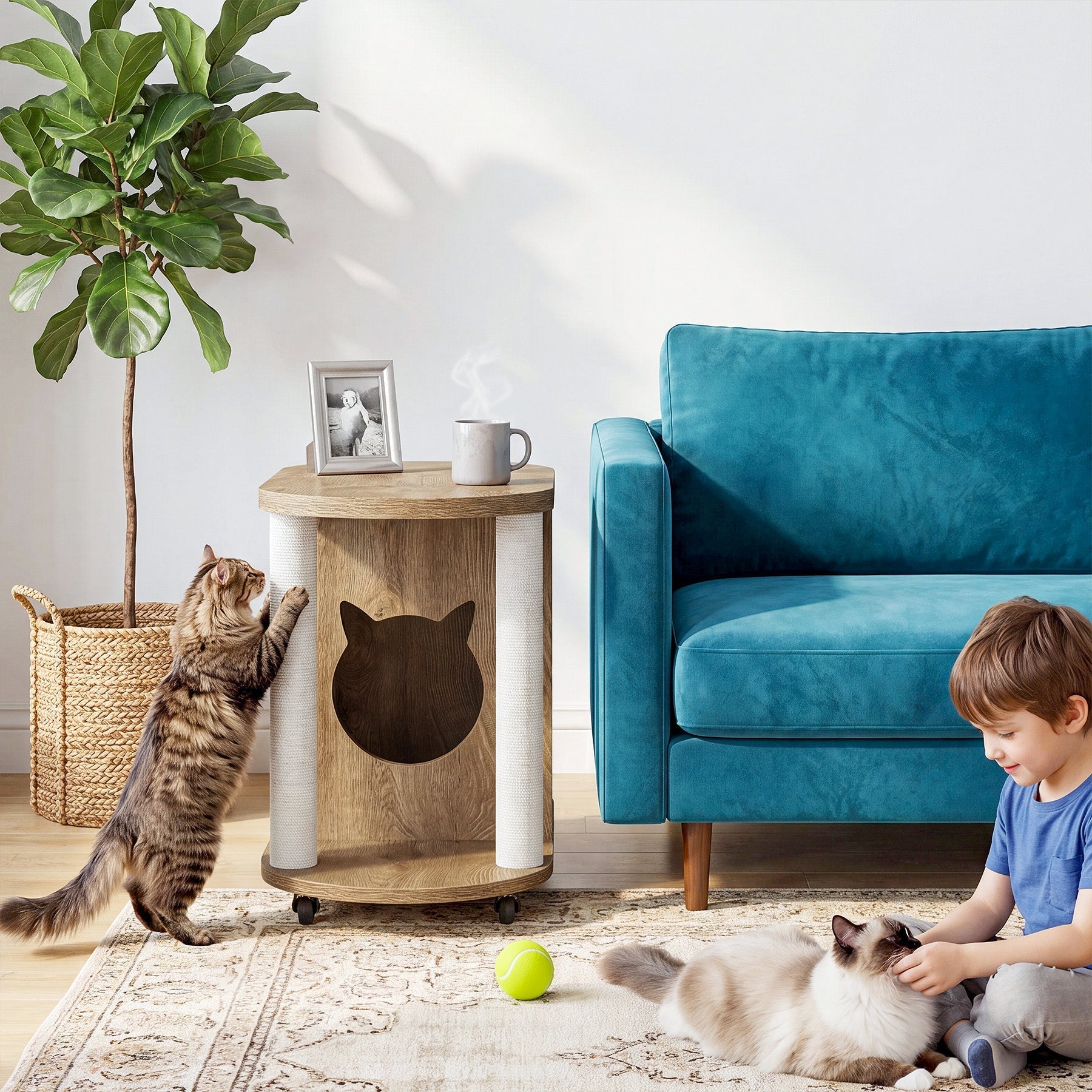 Tribesigns Casa para gatos con rascador y mesa auxiliar, Mesa de centro ovalada con ruedas y agujero para gatos