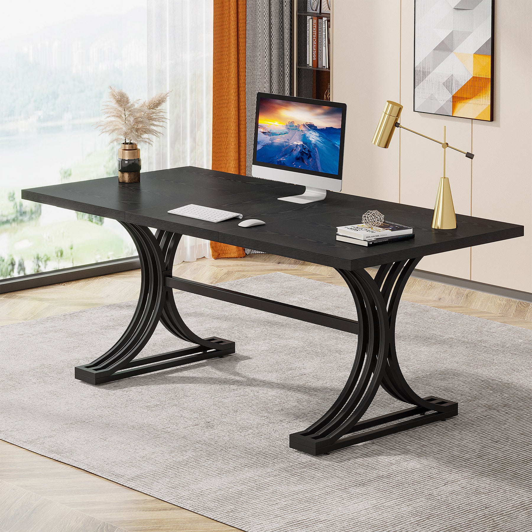 Tribesigns Escritorio de oficina, Escritorios ejecutivos rectangulares modernos con patas doradas