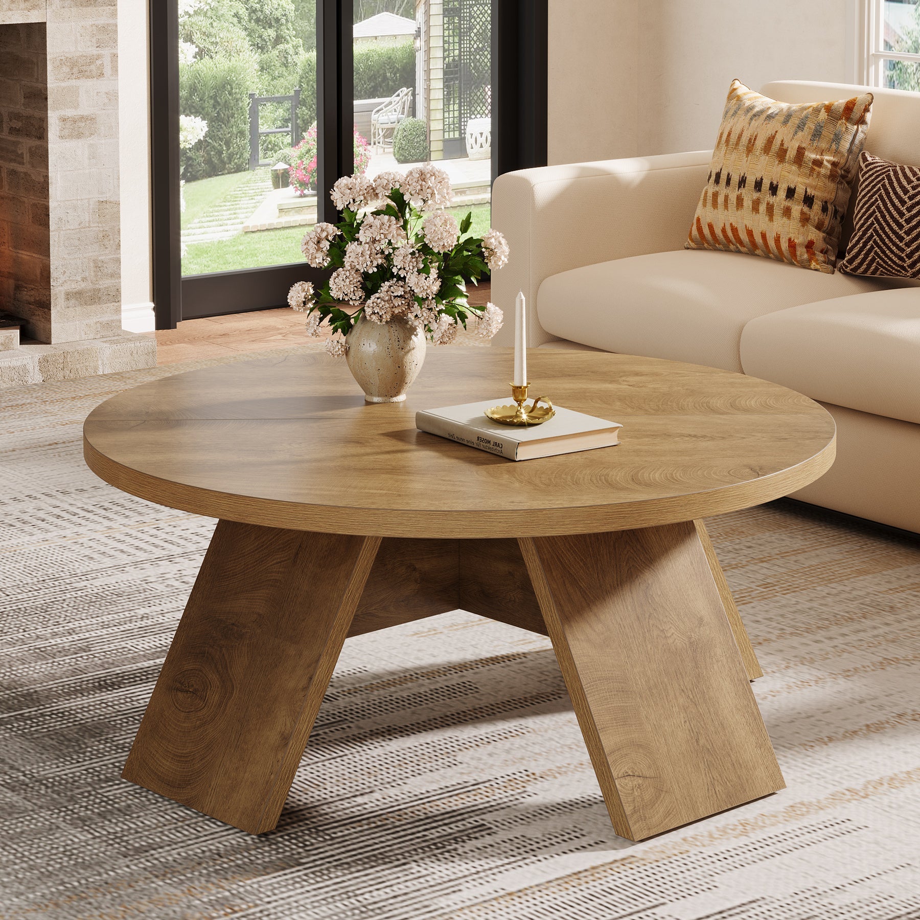 Tribesigns Mesa de centro redonda de madera de 100 cm con patas acampanadas, Moderna mesa auxiliar para sala de estar